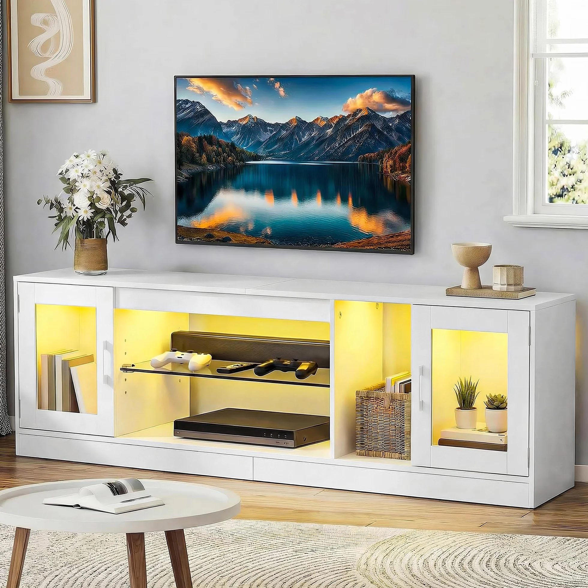 YITAHOME Mueble de TV de 180 cm con 7 LED RGB, mueble bajo para TV con 2 armarios cerrados, 3 estantes abiertos y estante de cristal ajustable, moderno centro de entretenimiento para salón, 180 x 32 x
