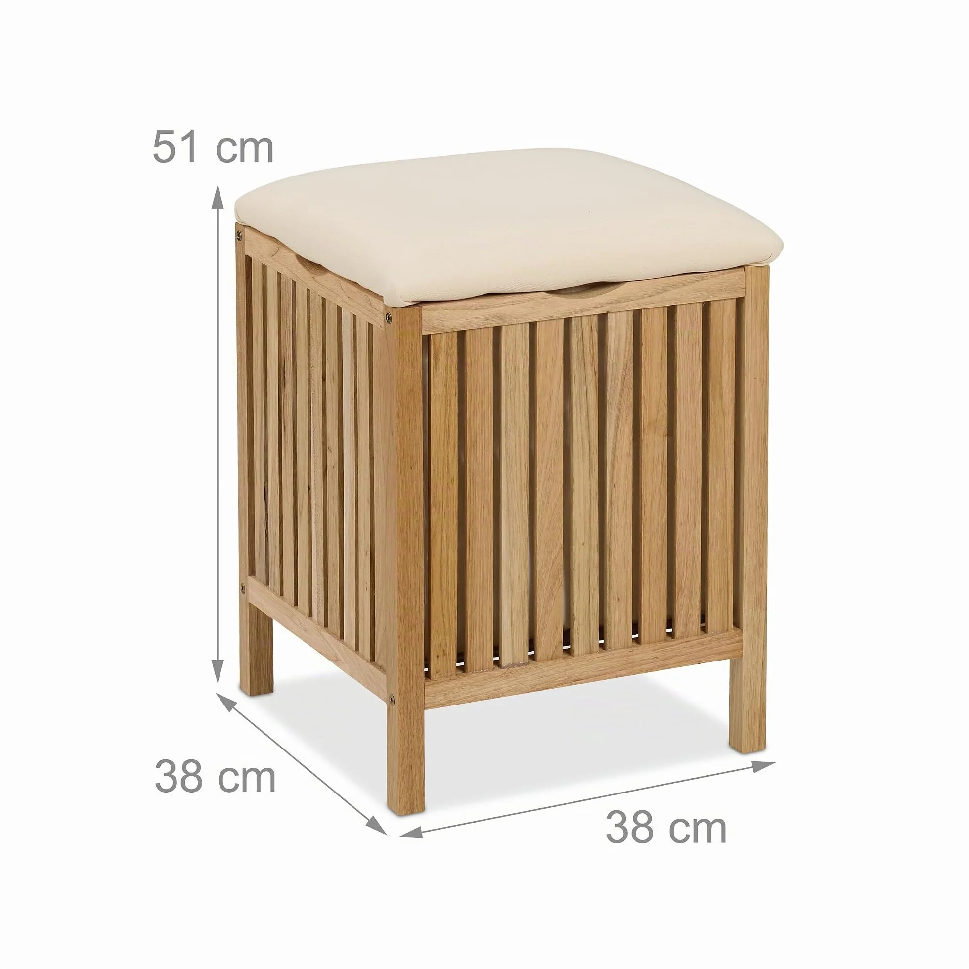 Relaxdays Cesto Ropa Sucia con Asiento, Tabuerete Almacenaje Colada, 30 L, 51 x 38 x 38 cm, Madera, Tela, Natural/Blanco