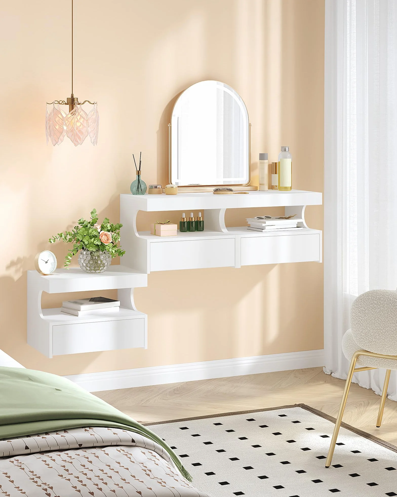 Hzuaneri Mesita de Noche Flotante Set de 2, Repisa Colgante y 1 Cajón con Guías, Diseño en Forma de U, Moderna, para Dormitorio y Salón, 30 x 40 x 29,2 cm, Blanco NS50203X