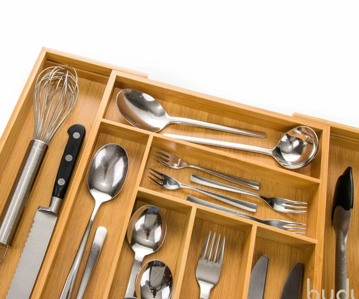 Bandeja para Cubiertos Extensible de Bambú 47 cm, Organizador de Cubiertos Ajustable para Cajón