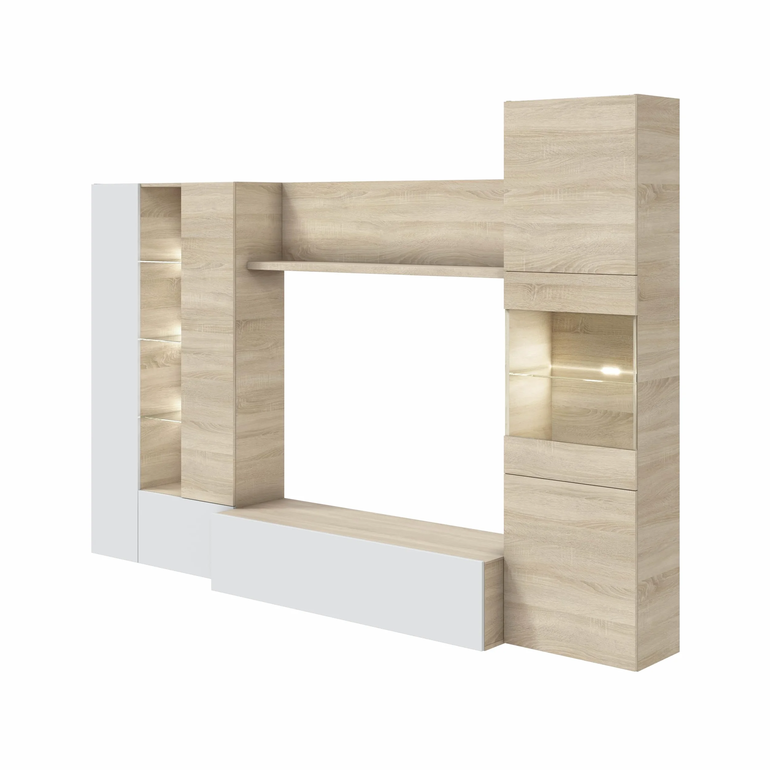 Habitdesign Salón Compacto 260, Mueble televisión, Modelo Essential, Acabado Roble Canadian y Blanco Brillo, Medidas: 185 cm (Alto) x 260 cm (Ancho) x 42 cm (Fondo)