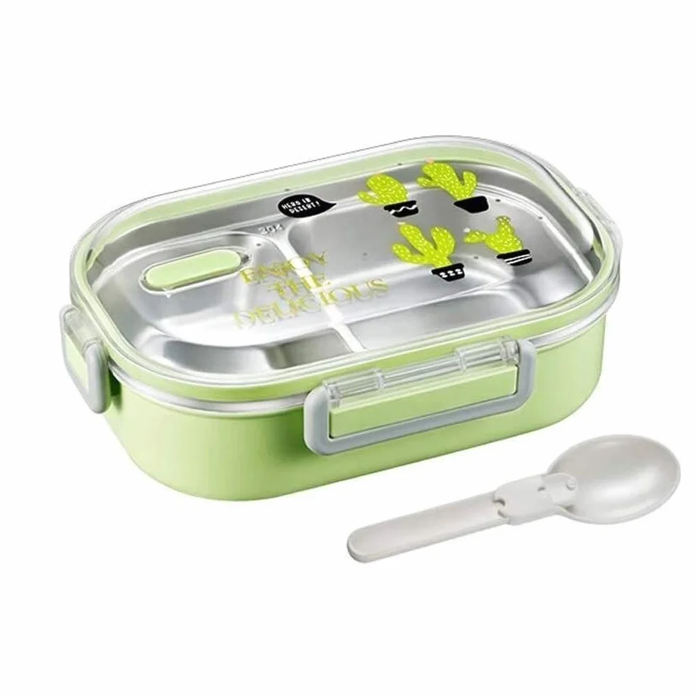 Fiambrera de Acero Inoxidable 307 con Compartimentos para Adolescentes (Hombres y Mujeres), Ideal para la Oficina (Verde).