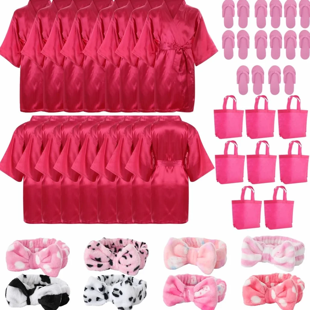 Kit de fiesta de spa de 32 piezas: incluye 8 kimonos de satén, 8 diademas de spa, 8 pantuflas de espuma y 8 bolsas para fiestas de pijamas de niños, fiestas de pedicura y diversión en el salón de