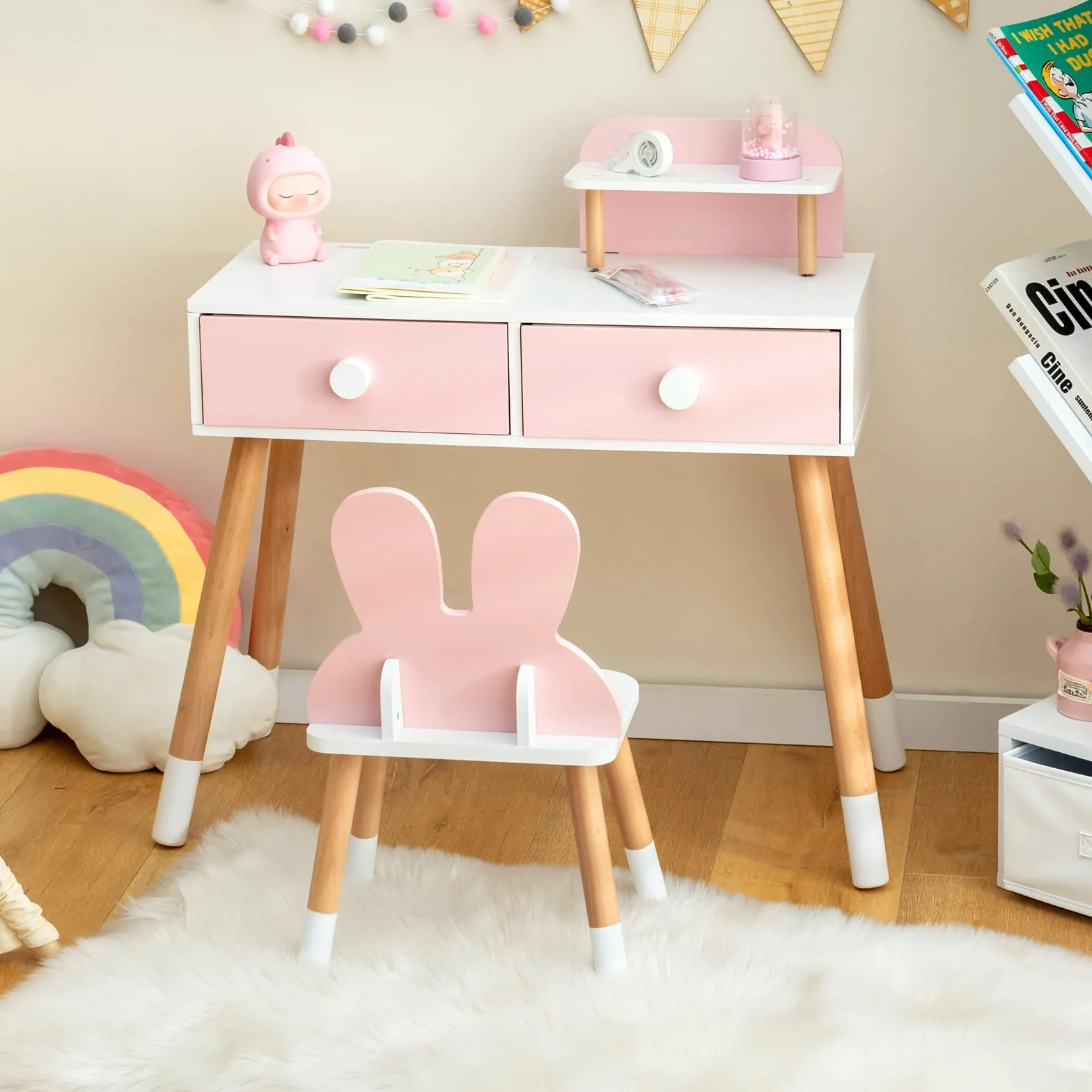 RELAX4LIFE 2 en 1 Tocador de Maquillaje para Niña con Espejo Extraíble, Taburete, 2 Cajones, 3 Accesorios, Madera, Rosa 3-7 Años