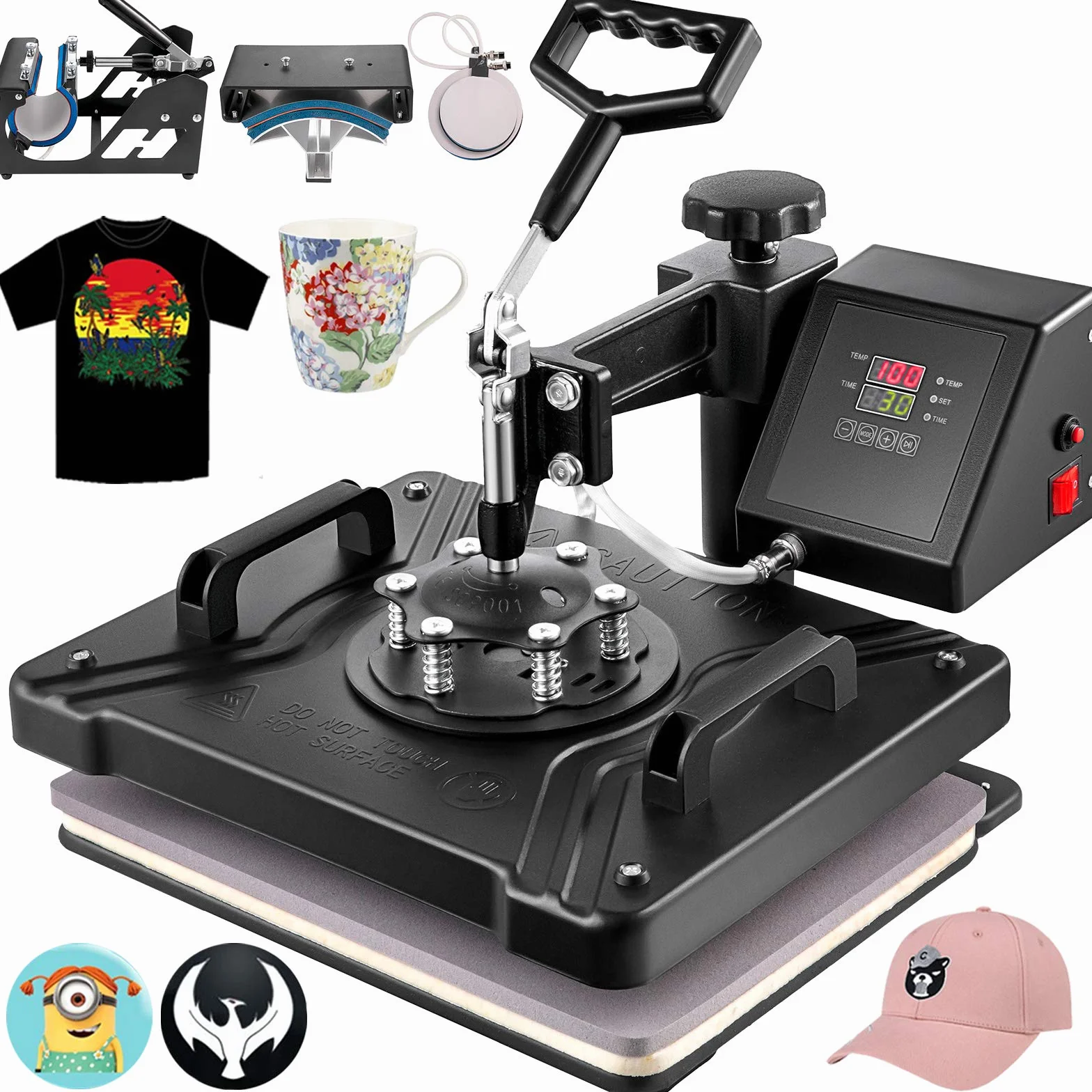VEVOR 5 en 1 Prensa de Calor, Máquina de Transferencia de Calor Multifuncional de 38 x 30 cm, Máquina de Impresión de Calor Giratoria para Tazas Camisetas con Pantalla LED Digital Negro