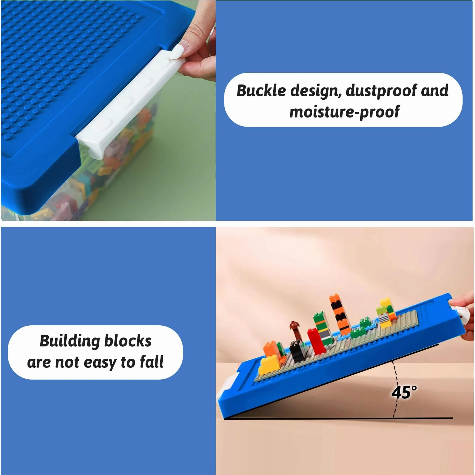 Greentainer Set de 3 Cajas de Almacenamiento de Juguetes con Tapa y Bandeja Extraíble, PP Apilable, Organizador para Bloques, Compatible con Ladrillos, para Habitación Infantil(Azul)