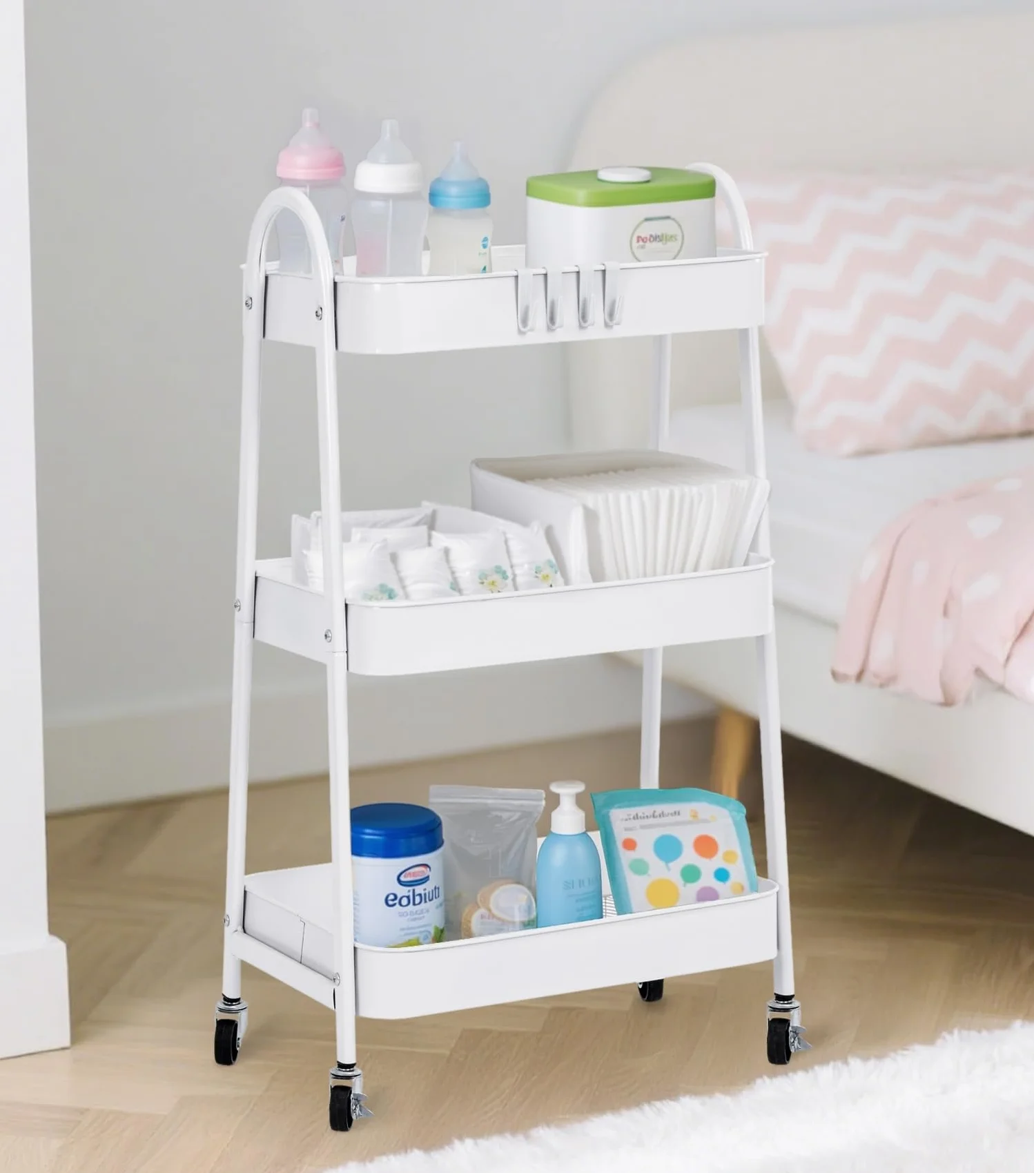 Carro de Cocina Metálico con Ruedas Carrito Auxiliar Multiuso 3 Cajones Almacenamiento Blanco