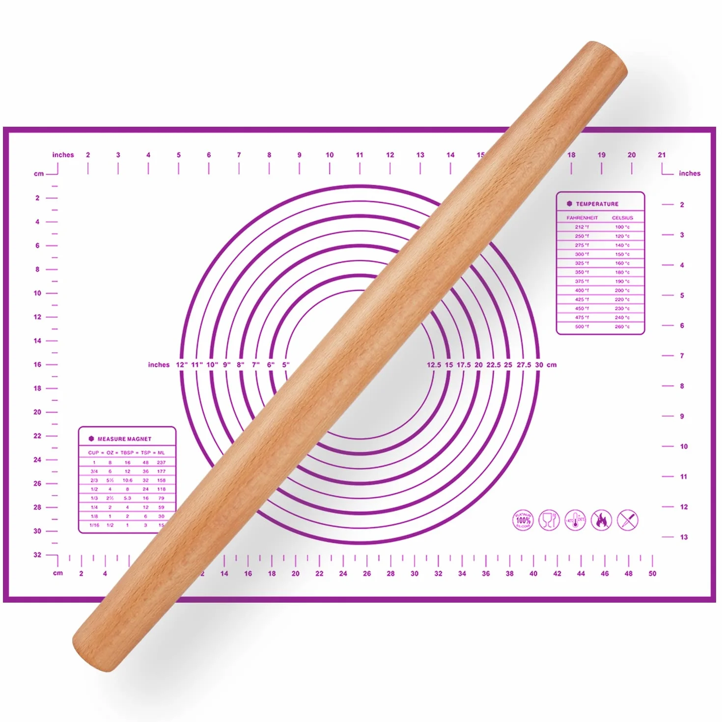 QUELLANCE Rodillo francés de madera de 16 pulgadas para hornear, rodillo de masa de madera con alfombrilla de silicona morada, rodillos de madera de haya para hornear masa, pizza, pastel, pasteles
