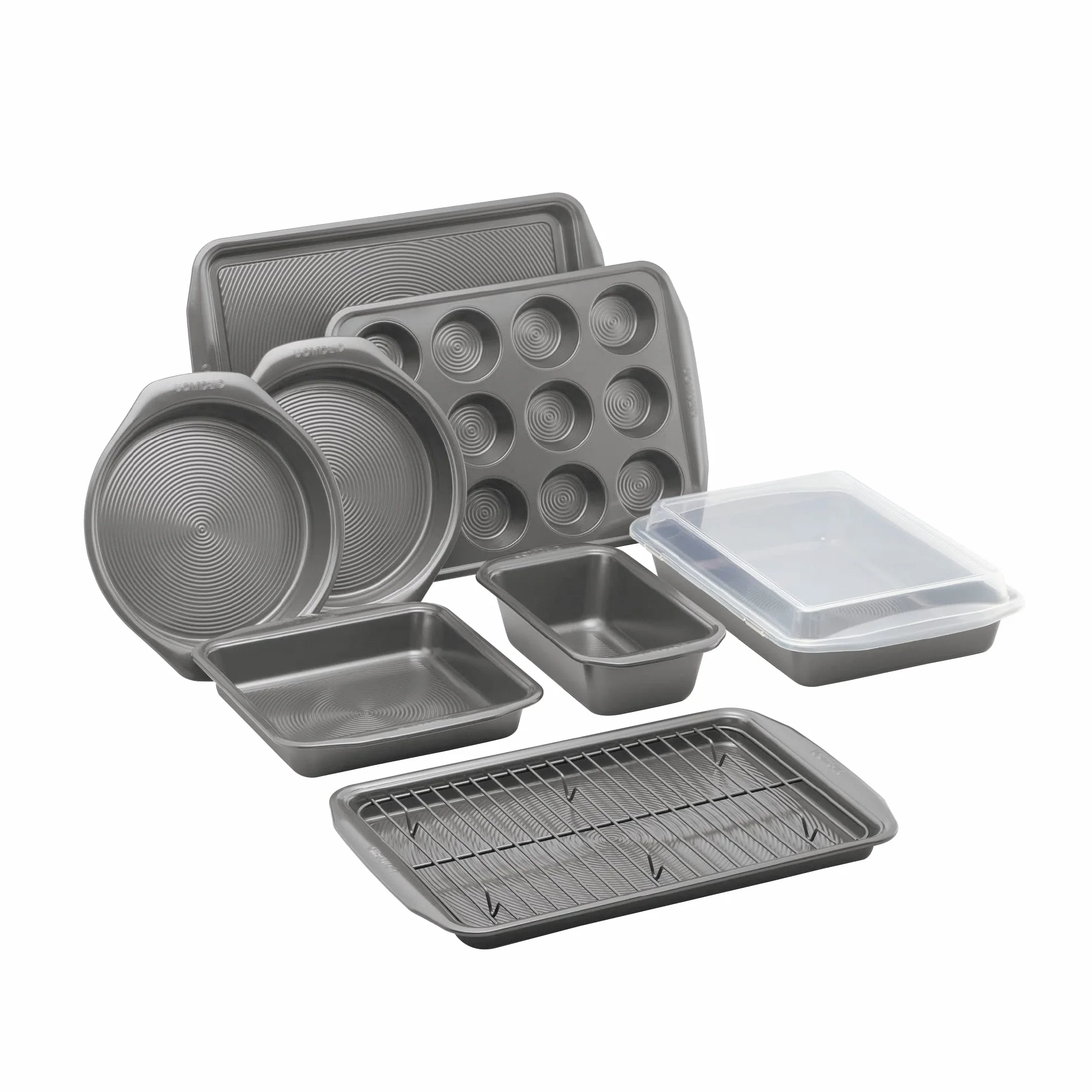 Circulon Momentum - Juego de utensilios para hornear antiadherentes, 10 piezas con bandejas para hornear, moldes para pasteles, bandeja para magdalenas y estante de enfriamiento, acero al carbono,