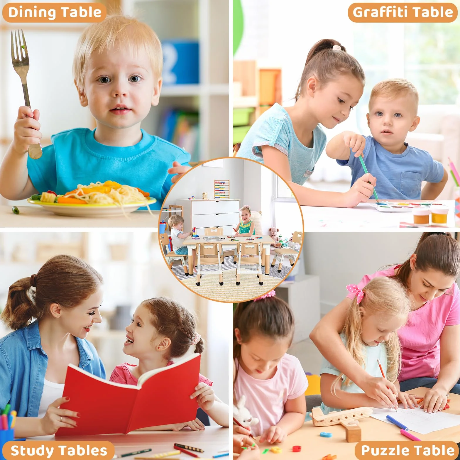 Clevich Mesa Infantil con 6 sillas, Juego de sillas para guarderías y Habitaciones Infantiles, Altura Regulable, Muebles Infantiles de plástico, Grupo de Asientos para niños y niñas, Amarillo
