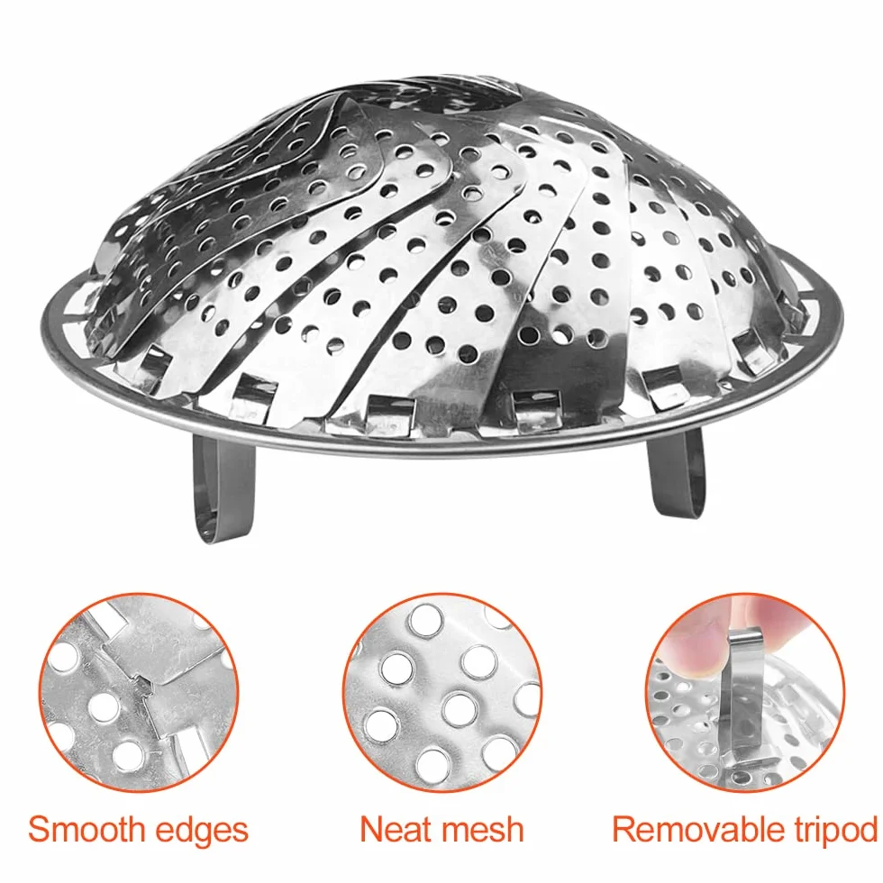 Cesta Vaporera Plegable de Acero Inoxidable con Patas Antideslizantes para Verduras Frutas Mariscos
