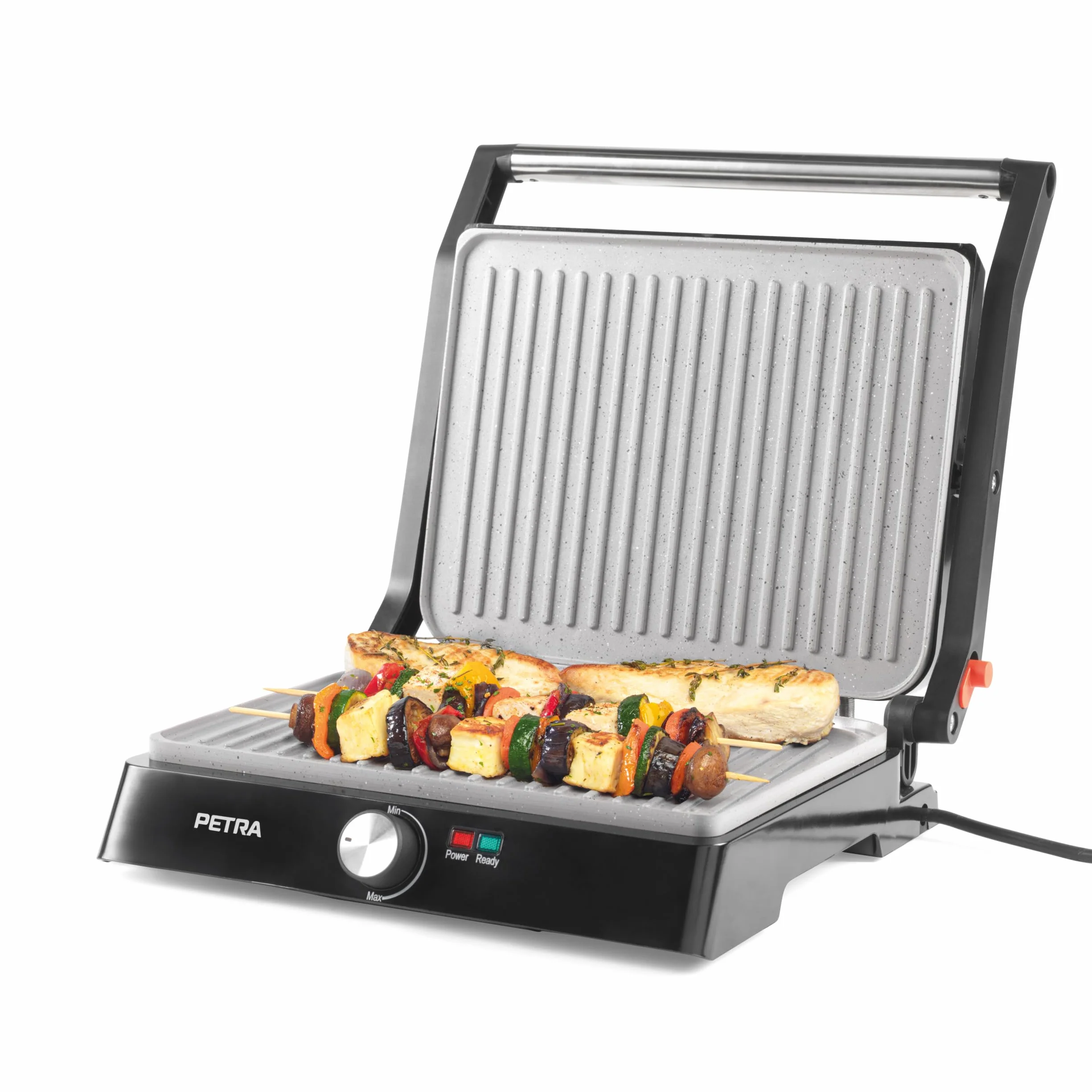 Petra PT4076VDEEU10 Plancha sana doble XL 180° con prensa para paninis - placas antiadherentes Marblestone fáciles de limpiar, desplegable, 2 superficies, vegetales, carne y brochetas, sin aceite