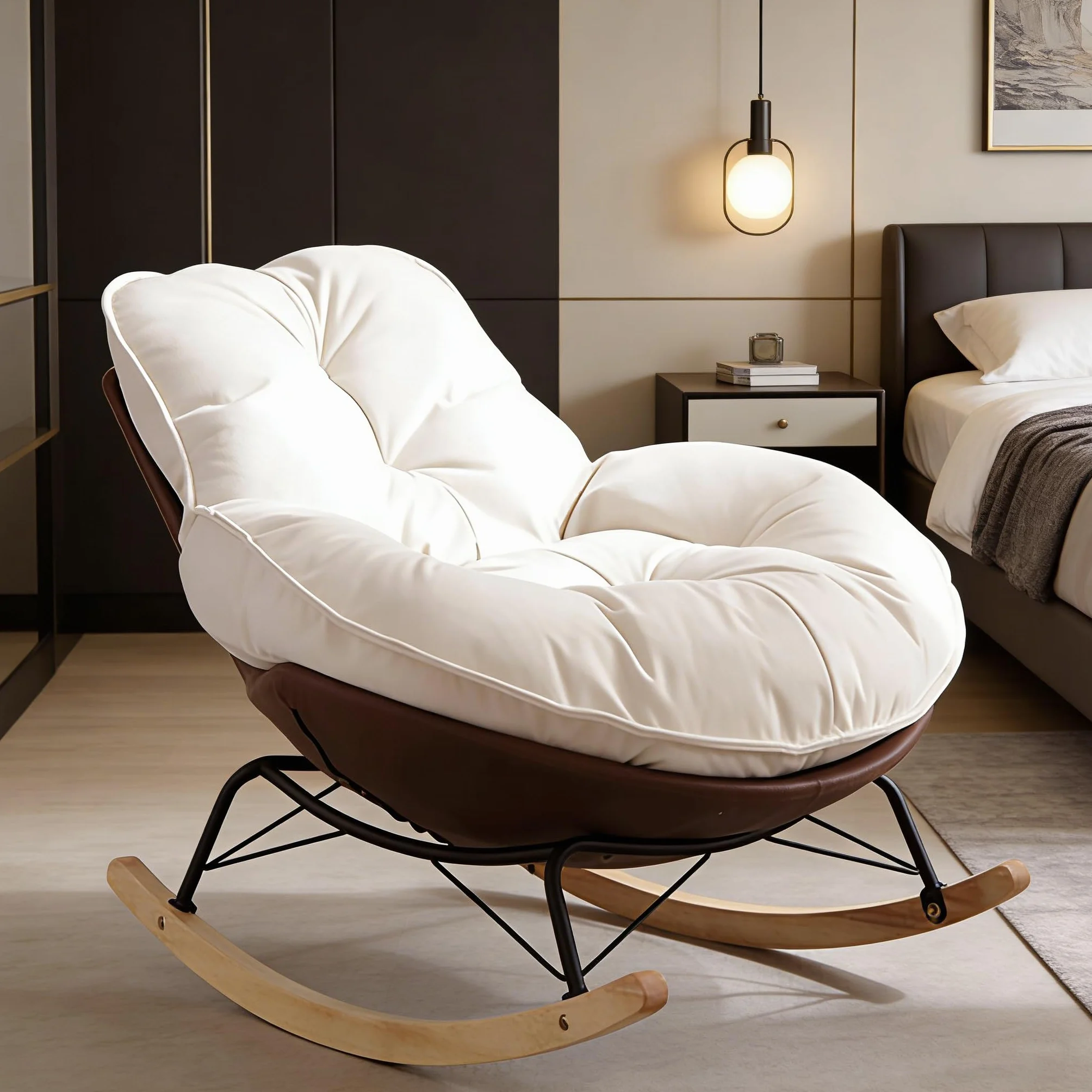 Mecedora, sillón balancín ergonómico, cojín extra grueso y respaldo, sillón moderno para salón y dormitorio, base de madera estable y marco de metal, resistente a las caídas