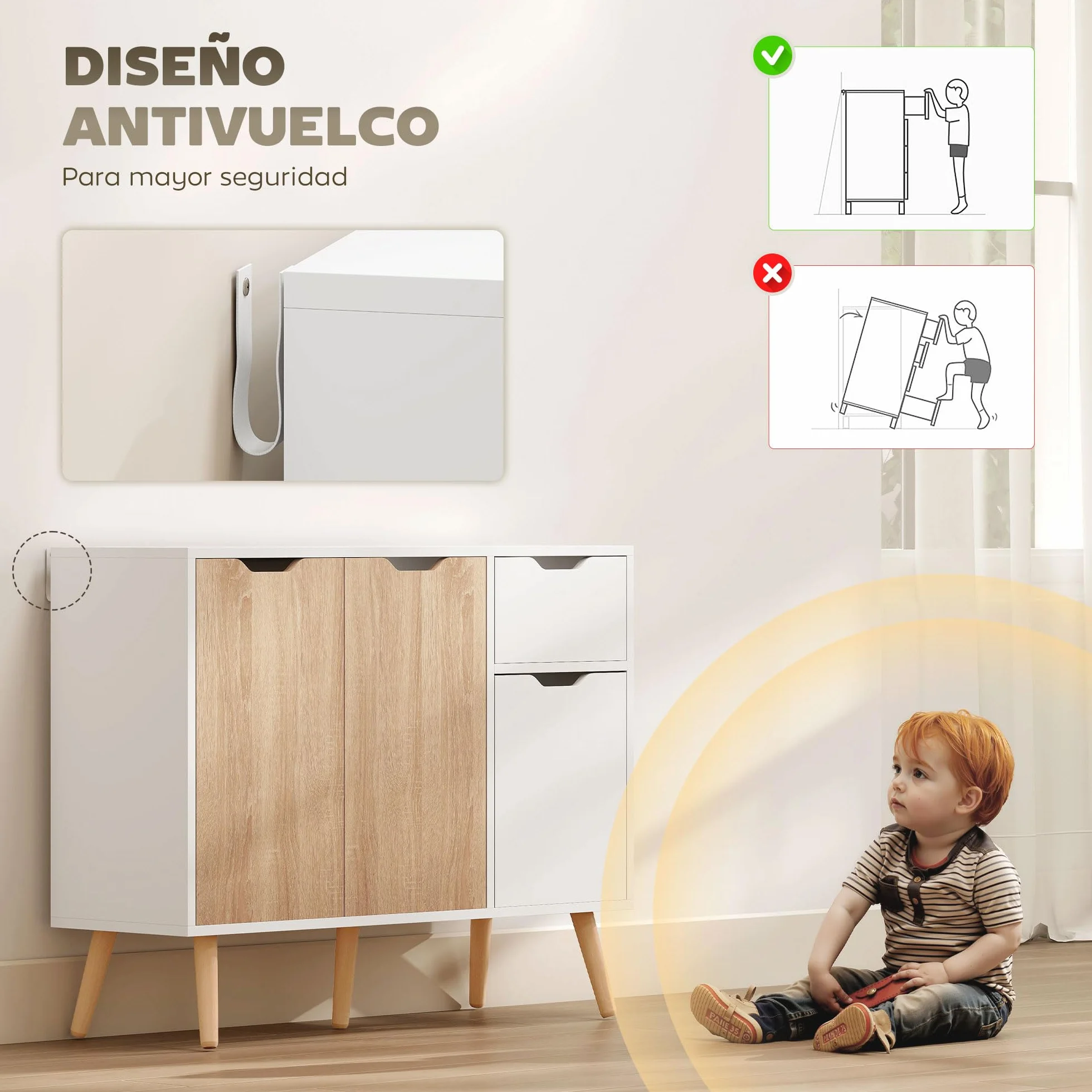HOMCOM Aparador Moderno 90x30x72 cm Blanco y Natural con 3 Puertas y Cajón