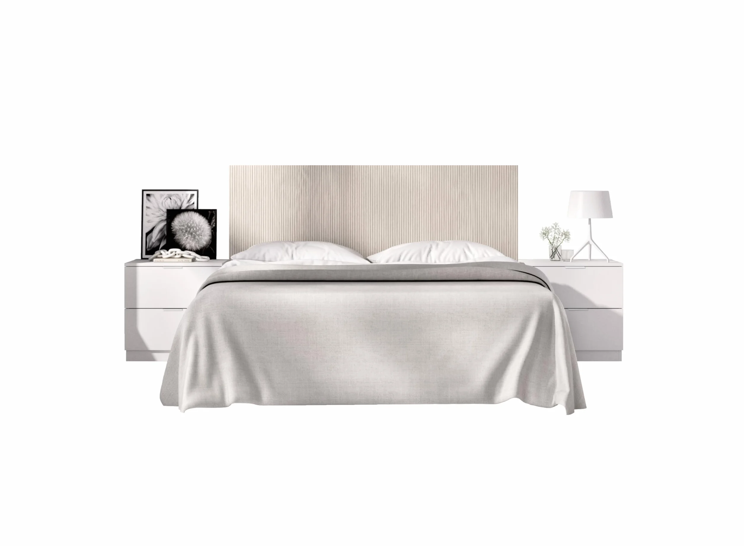 DEKIT GRUPO RIMOBEL LUSA - Cabecero con mesitas de dos cajones para cama de matrimonio - BLANCO / ALISTONADO - 106 x 256.8 x 34.2 cm