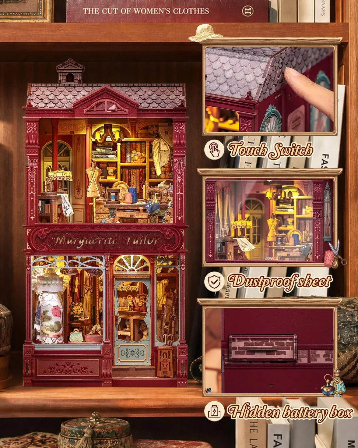 Kit de rincón de lectura Cutebee para adultos, puzzle 3D de madera decorativo para estanterías, kit de casa de muñecas miniatura DIY, serre-livres decorativo manualidad (Marguerite Tailor)