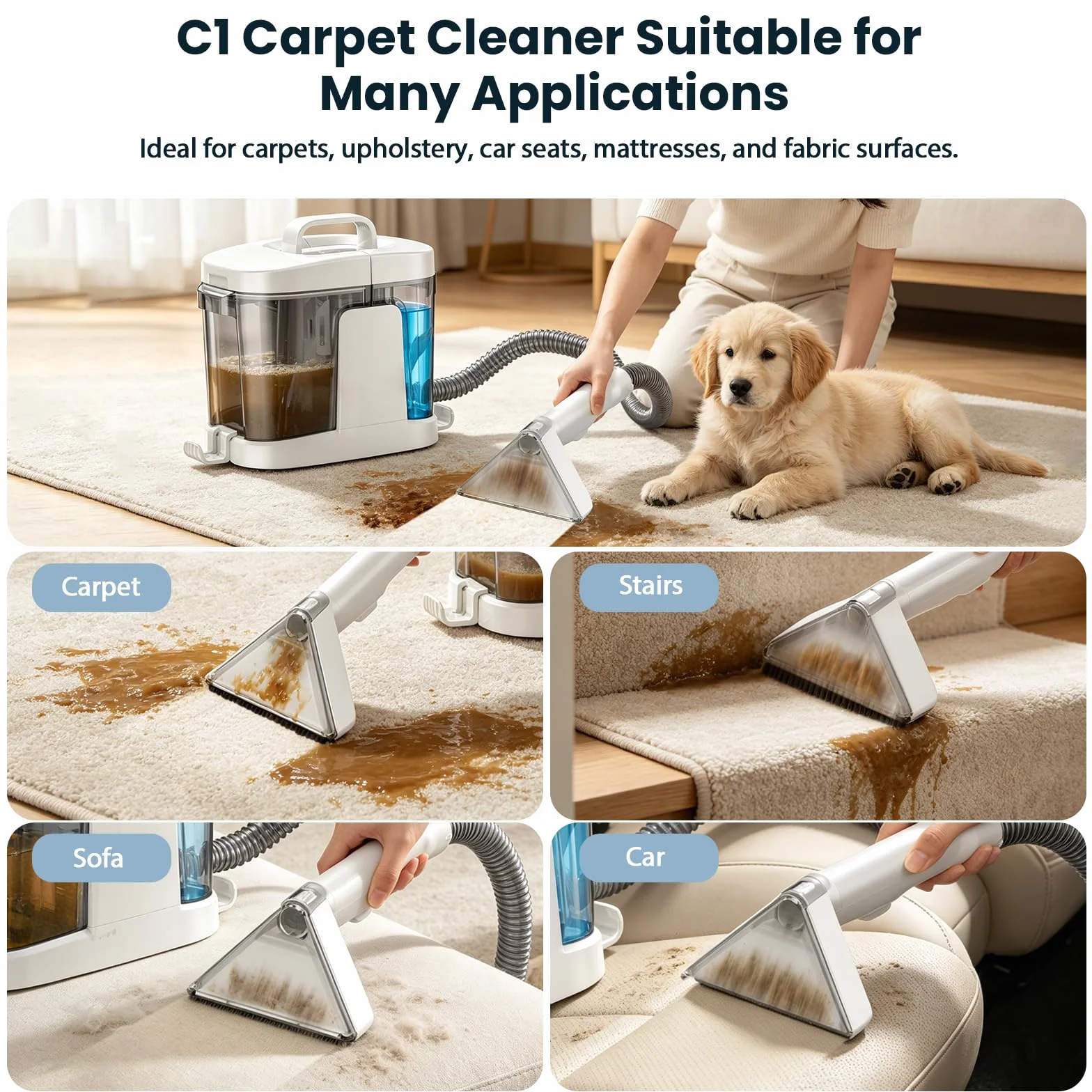 Limpiador de Tapicerias 17kPa Aspiradora de Agua Tapiceria 600W Maquina Limpia Tapicerias para Sofas Alfombras Coche Colchones y Mascotas con Autolimpieza,Depositos Extraibles,Tubos flexible White