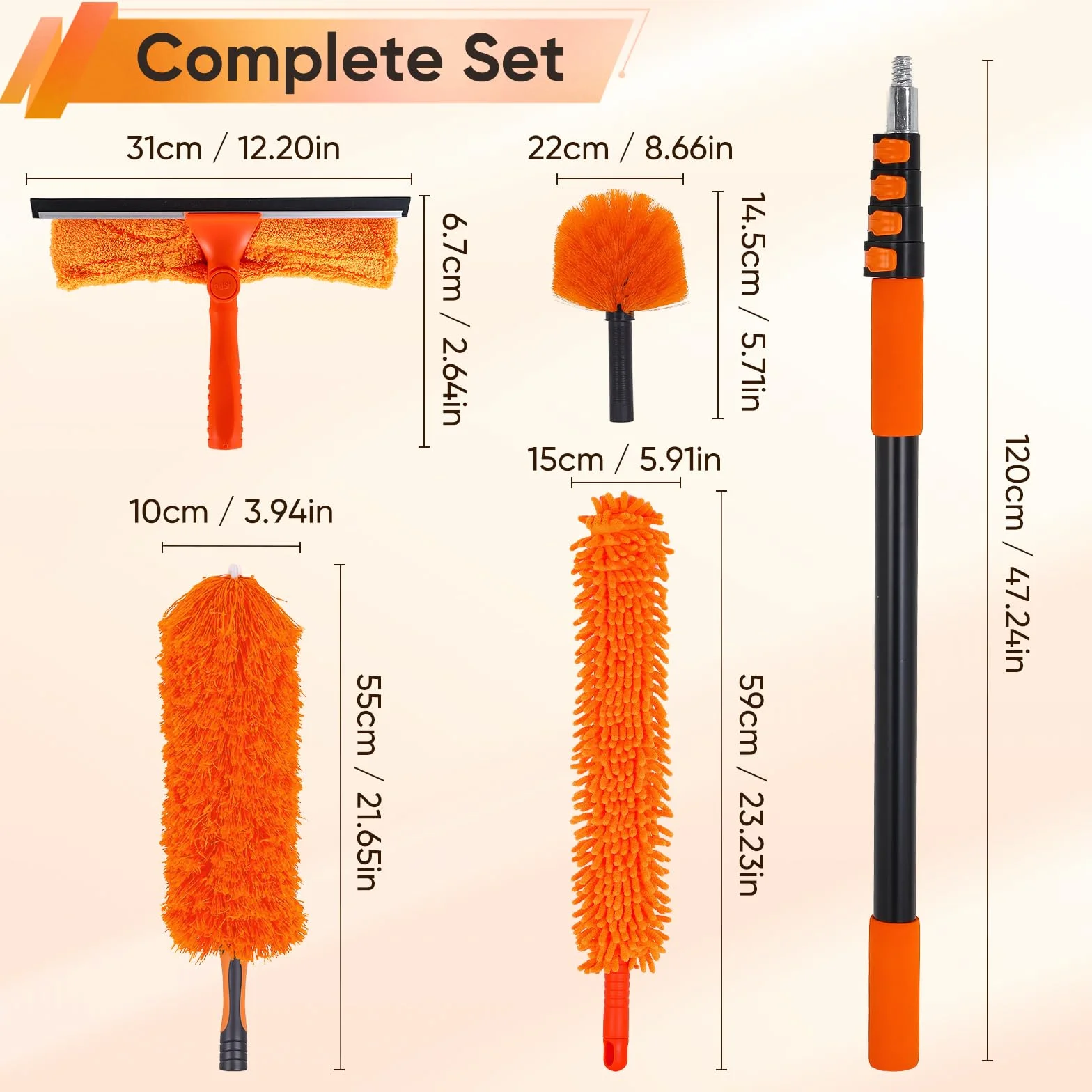 Kit de Limpieza telescópico 3,6 m, Plumero 4 en 1 con limpiacristales | Limpieza en altura, Kit 4 en 1, Mango telescópico, Cabezales lavables, Para techos y ventanas