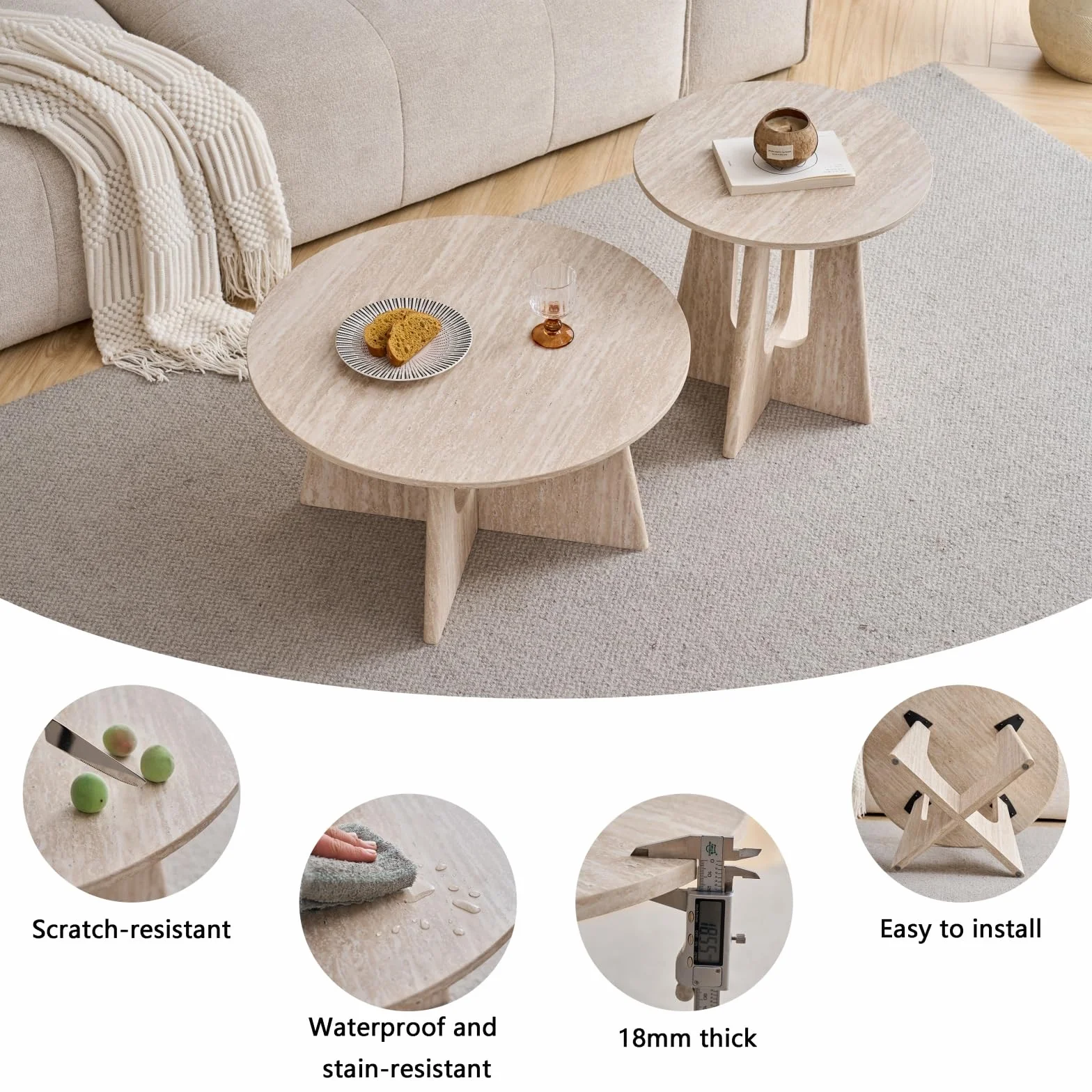 GrandCA HOME Juego de 2 Mesa de Centro Redonda, Mesa Auxiliar de Sala de Estar de Estilo Minimalista Moderno, Material de Tablero de Densidad Media, Adecuada para Sala de Estar - Beige