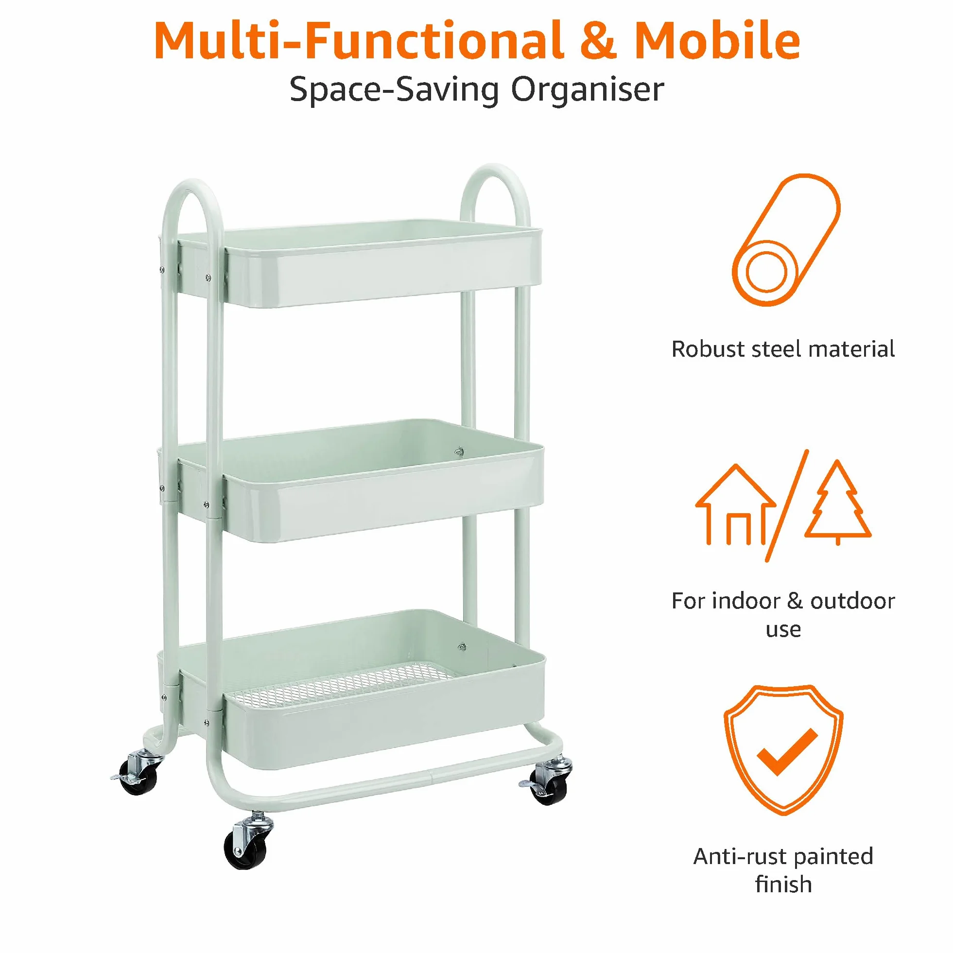 Amazon Basics Carrito de cocina multiuso tres niveles con ruedas verde menta
