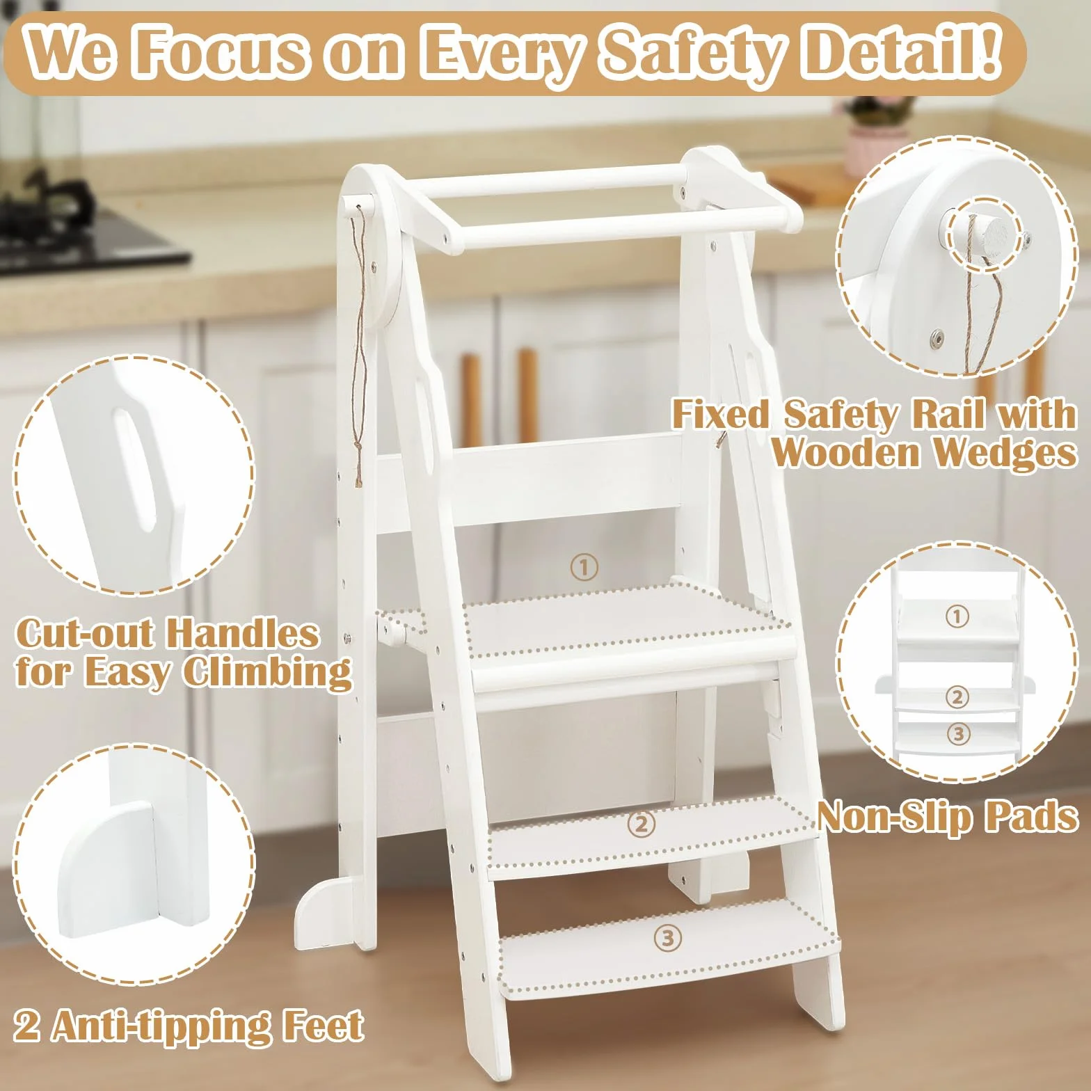 FUNLIO Taburete Plegable para niños Altura Ajustable 3 Niveles Rieles Seguridad Montessori Blanco