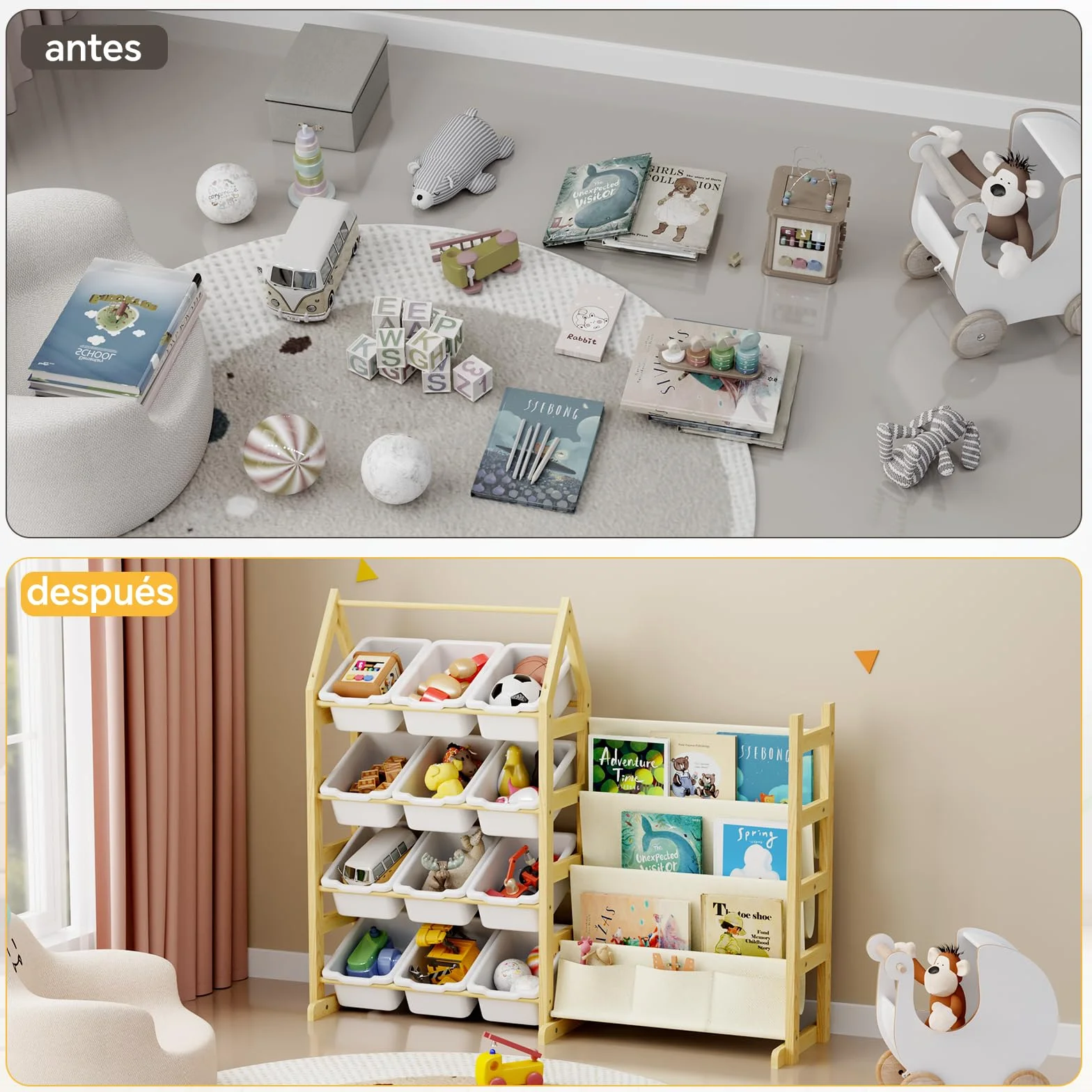 4 Niveles Organizador Juguetes Libreria Infantil Madera, con 12 Caja Almacenaje Juguetes, Mueble Juguetes Estanteria Libros Infantil Montessori, para Dormitorio, Habitación Niños, Sala Juego