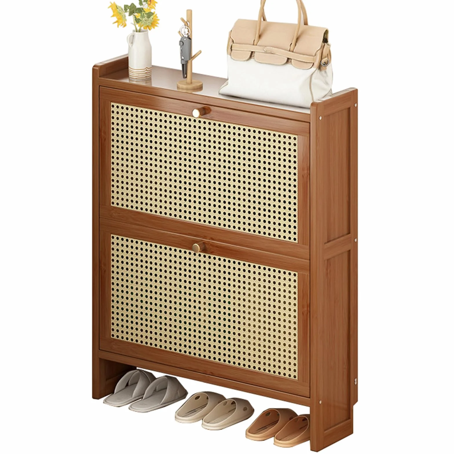 Zapatero estrecho de bambú delgado de 6.7 pulgadas para entrada, almacenamiento que ahorra espacio con puertas abatibles para tenis y pantuflas (marrón, 68 x 17 x 87 cm), elegante y funcional