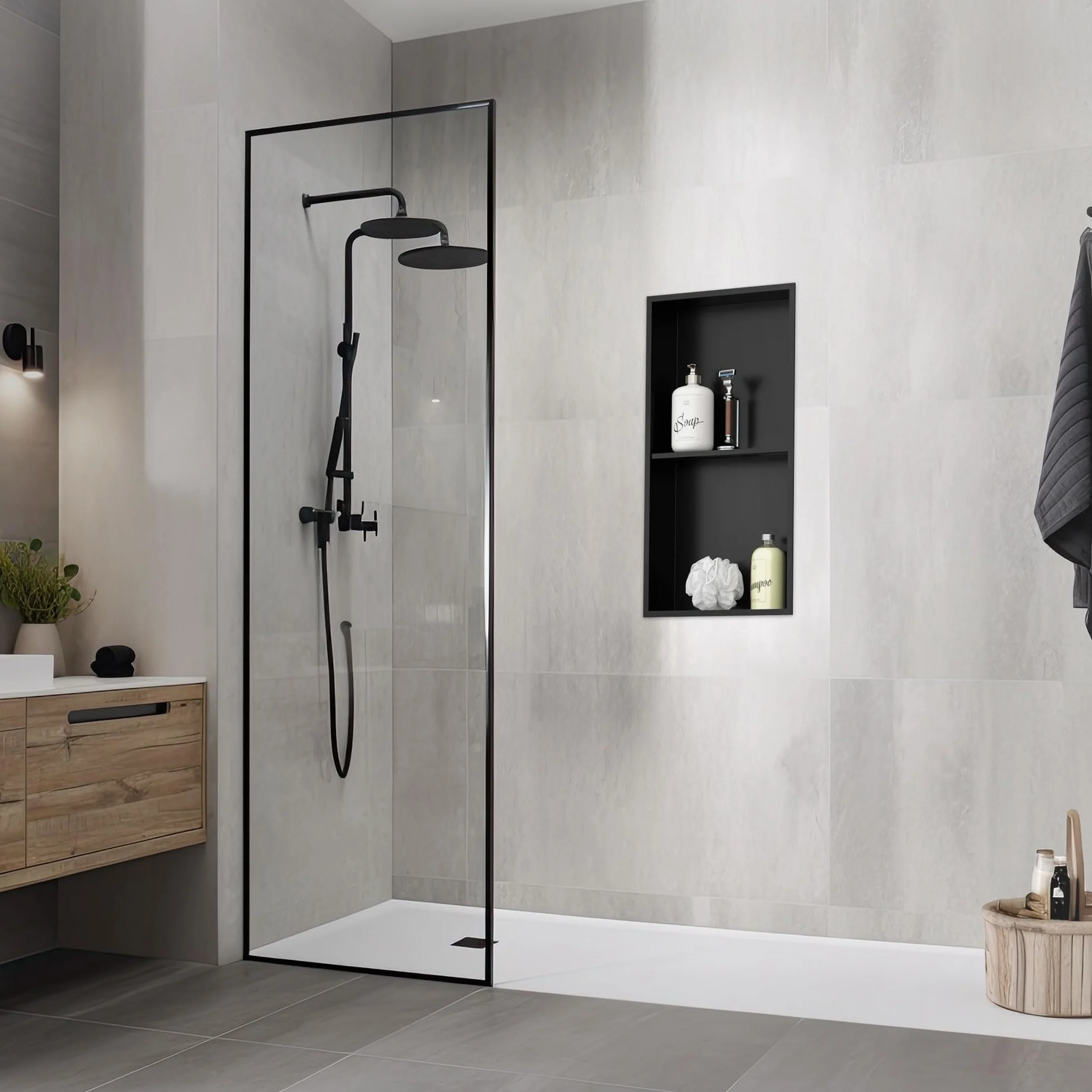 LuxeBath Nicho de Ducha Acero Inoxidable 30x60x10 cm cm Negro Marco de Pared Doble Empotrado Alicatable Estante Integrado Instalación Flexible para Almacenamiento Organizador de Utensilios para Baño