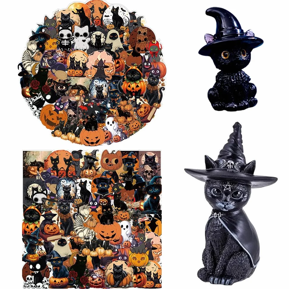 Set de Decoración de Gato-Bruja para Halloween, Figura de Resina con Sombrero de Bruja y 50 Pegatinas