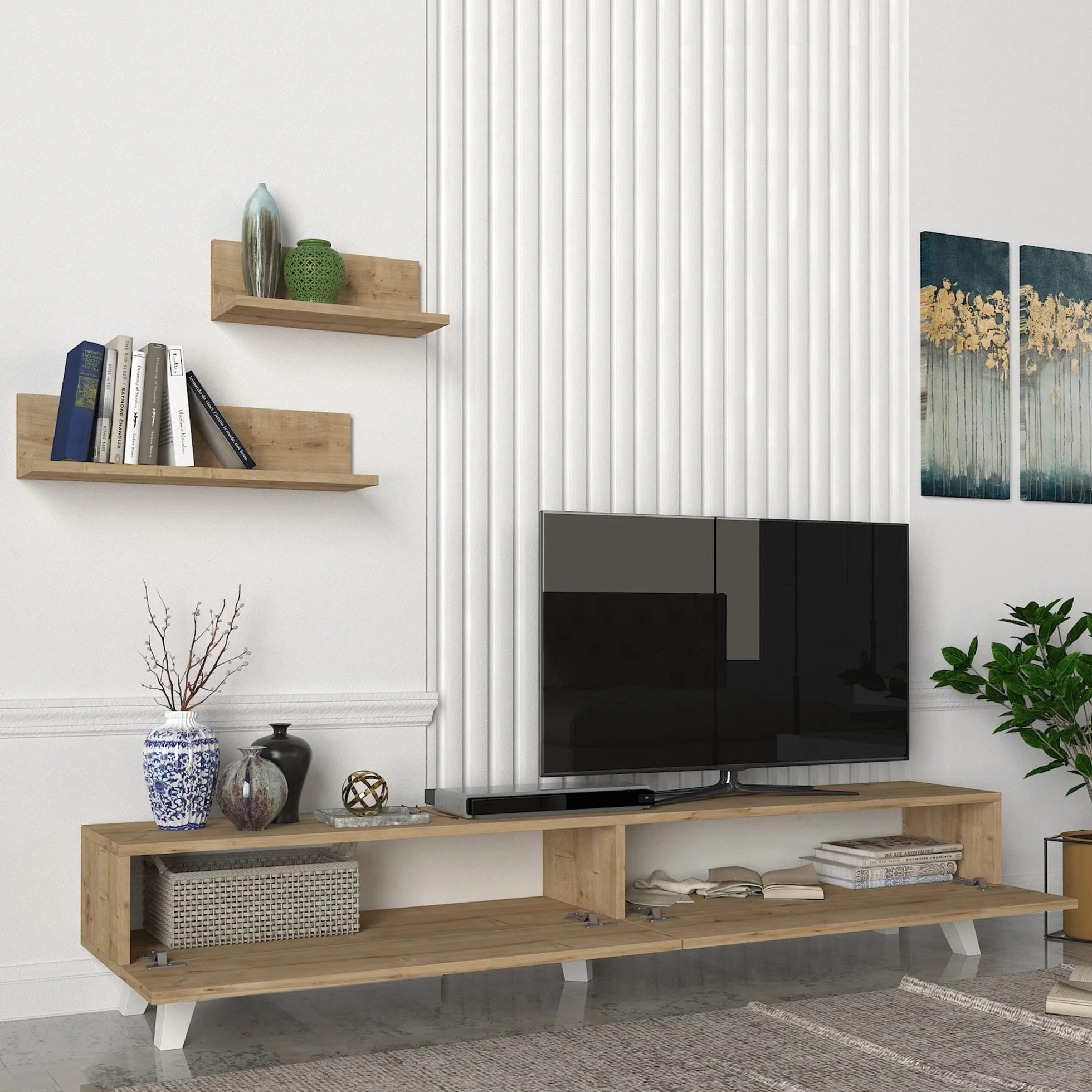 [en.casa] Juego de Mueble Salon Decorativo Mesa TV con 2 Estantes de Pared Modulos Salón Aglomerado 180 x 31 x 33 cm - Roble