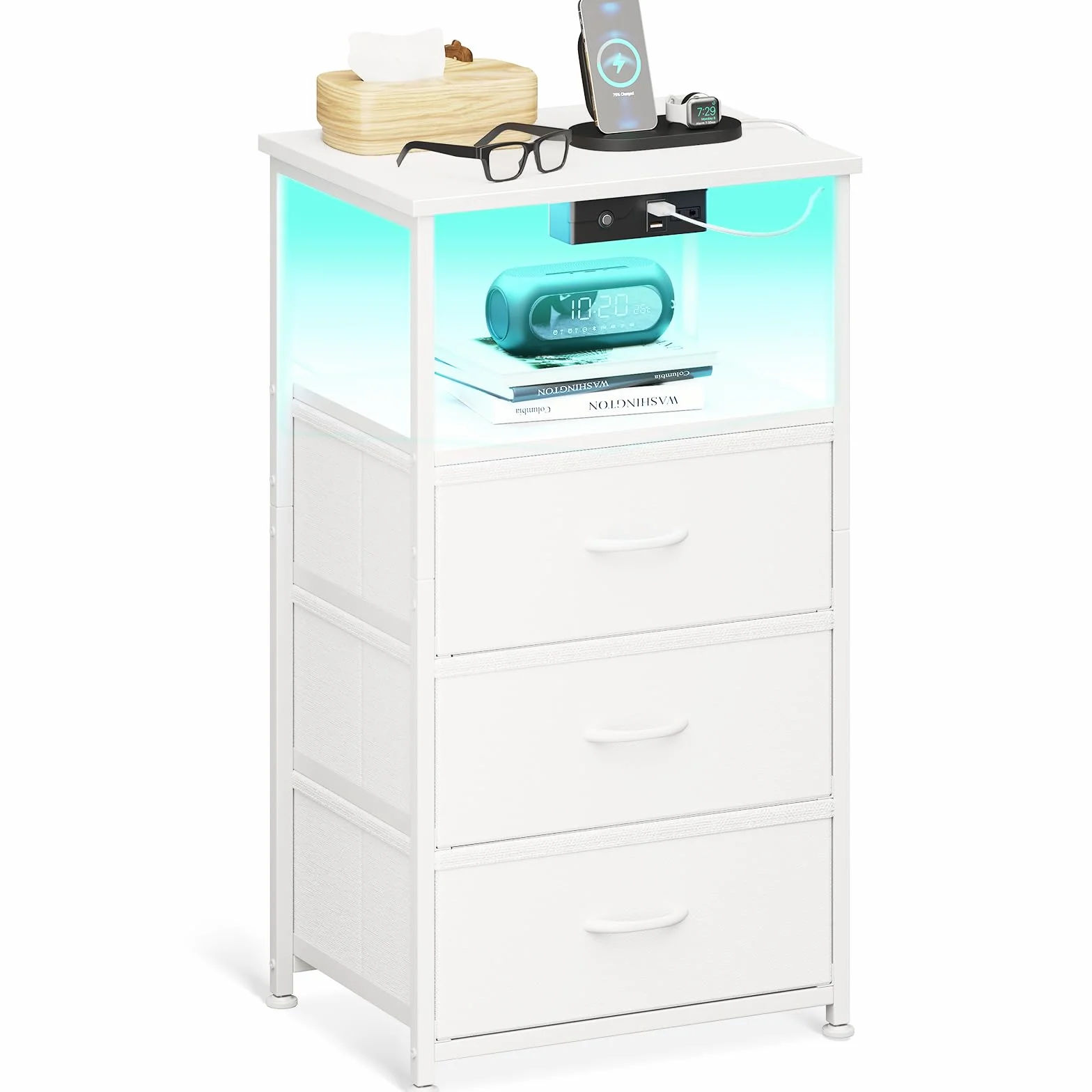 Coleshome Mesitas de Noche Blanco, con Enchufe, 2 Puertos USB y Tira de Luces LED, Mesita de Noche con 3 Cajones de Tela y 2 Espacio de Almacenamiento, 40 x 30 x 70 cm, 1 Paquete
