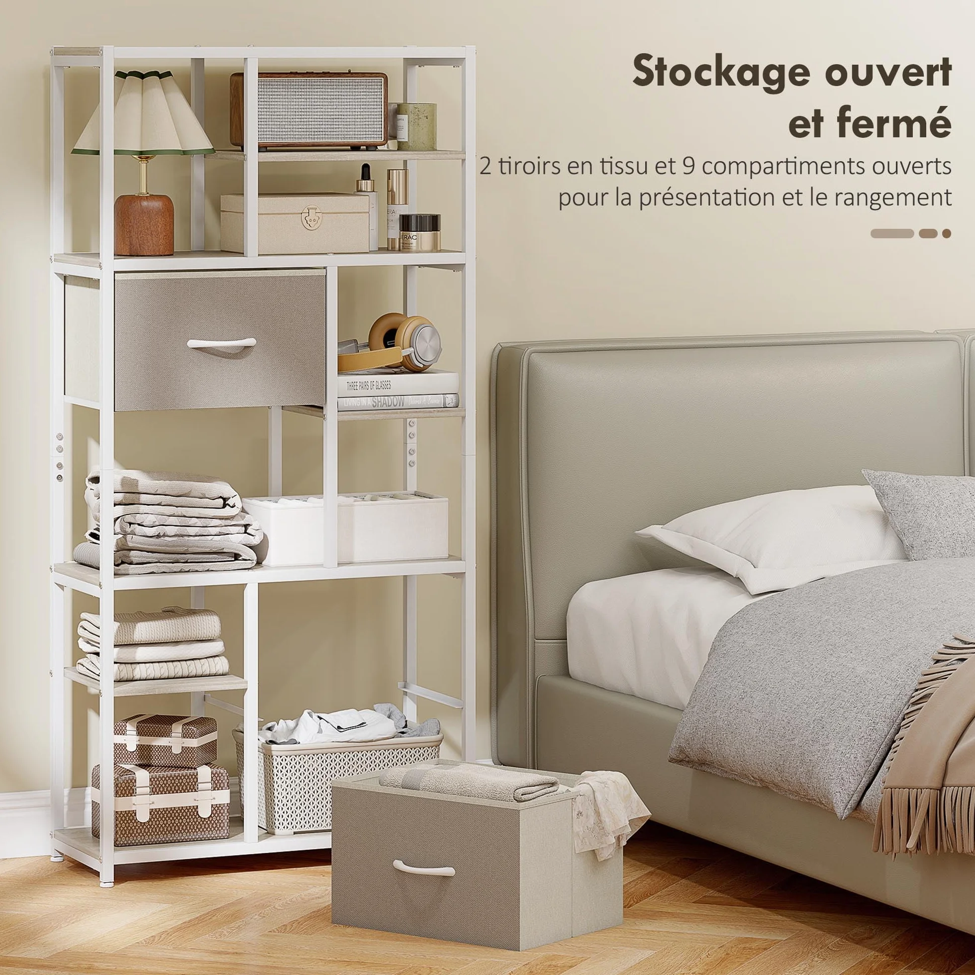 HOMCOM Mueble de almacenaje de 6 Niveles, librería con 2 cajones de Tela, 9 estantes Abiertos, Mueble de almacenaje con Estructura de Acero para salón, Estudio, Dormitorio, 72,5 x 30 x 150 cm,