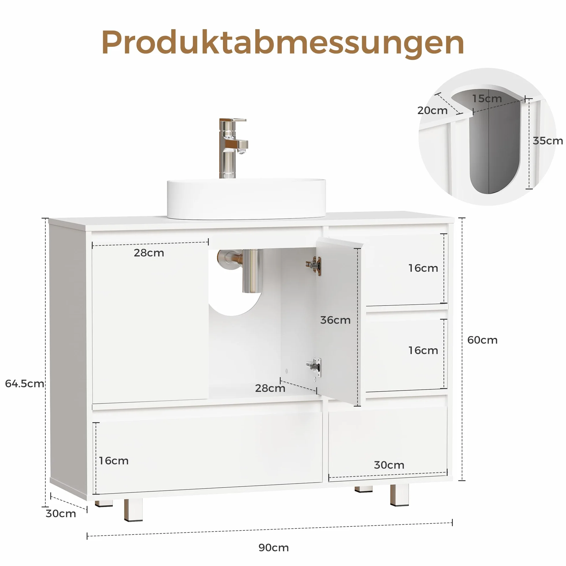 ANWBROAD Mueble Bajo Lavabo, 4 Cajones, 2 Puertas, Armario de Baño con Patas, Moderno,90 x 30 x 64,5 cm, Blanco SSC002W