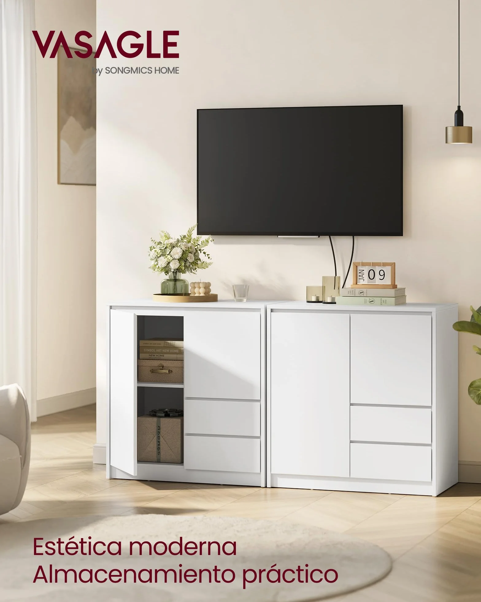 VASAGLE KAILYN Aparador Armario Almacenamiento con Puerta Estante Ajustable 2 Cajones 40 x 70 x 74.5 cm Blanco Nube