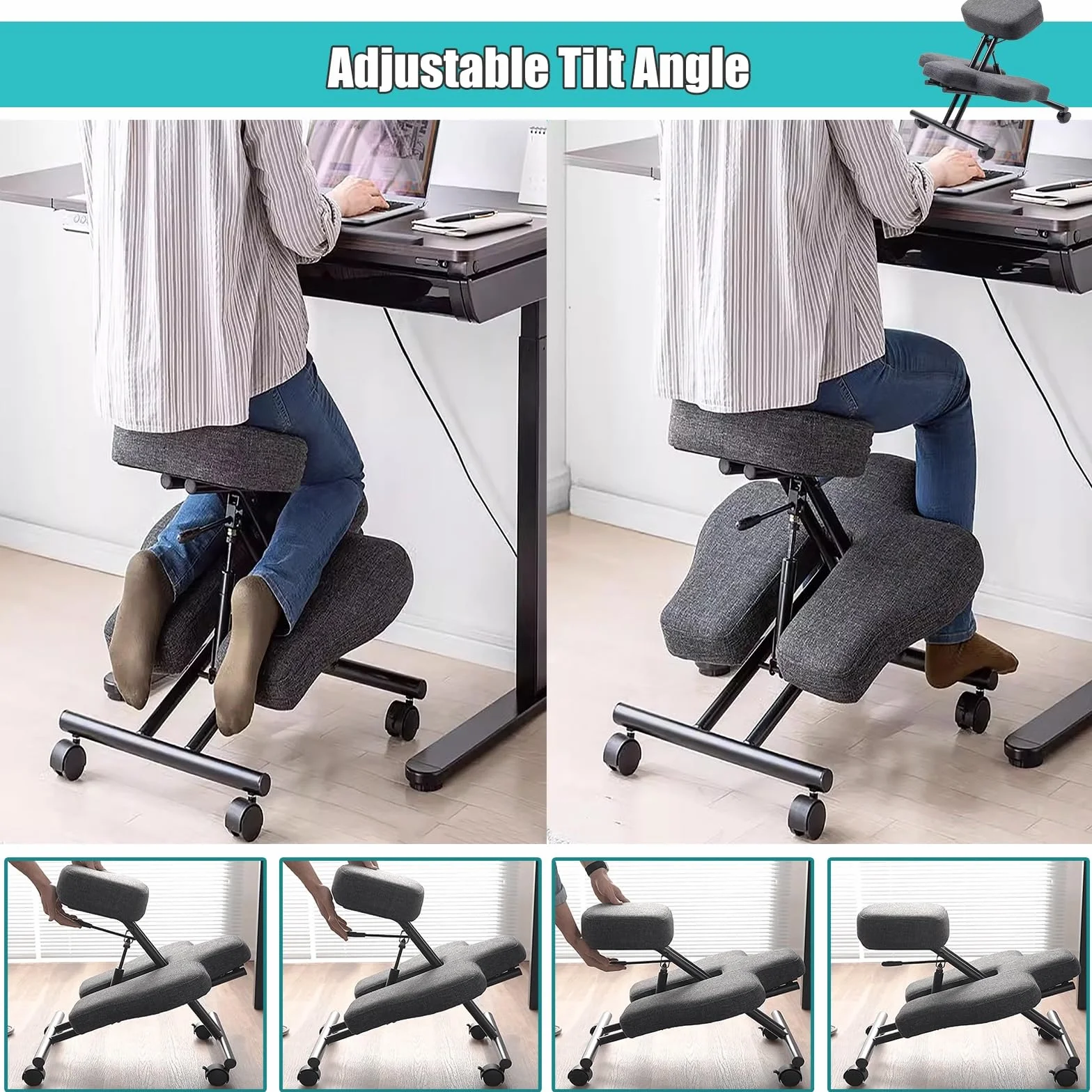 silla ergonomica rodillas Silla taburete ergonómica con ángulo de inclinación ajustable, silla de oficina en cuclillas y rodillas con ruedas, silla con piernas cruzadas para fanáticos de la meditación