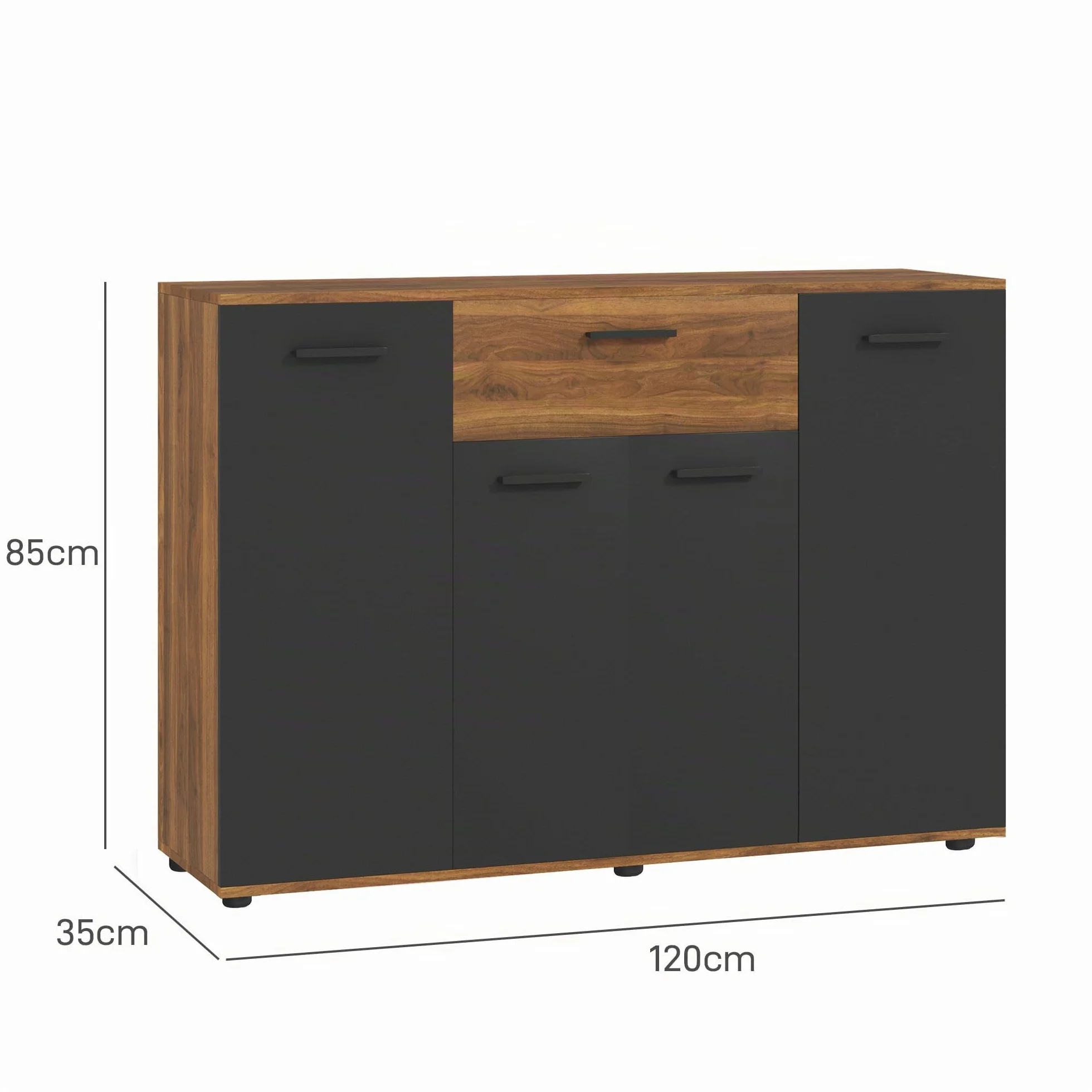 HOMCOM Aparador de Almacenamiento 120x35x85cm Marrón y Negro | 4 armarios, cajones, estantes ajustables, mueble de comedor