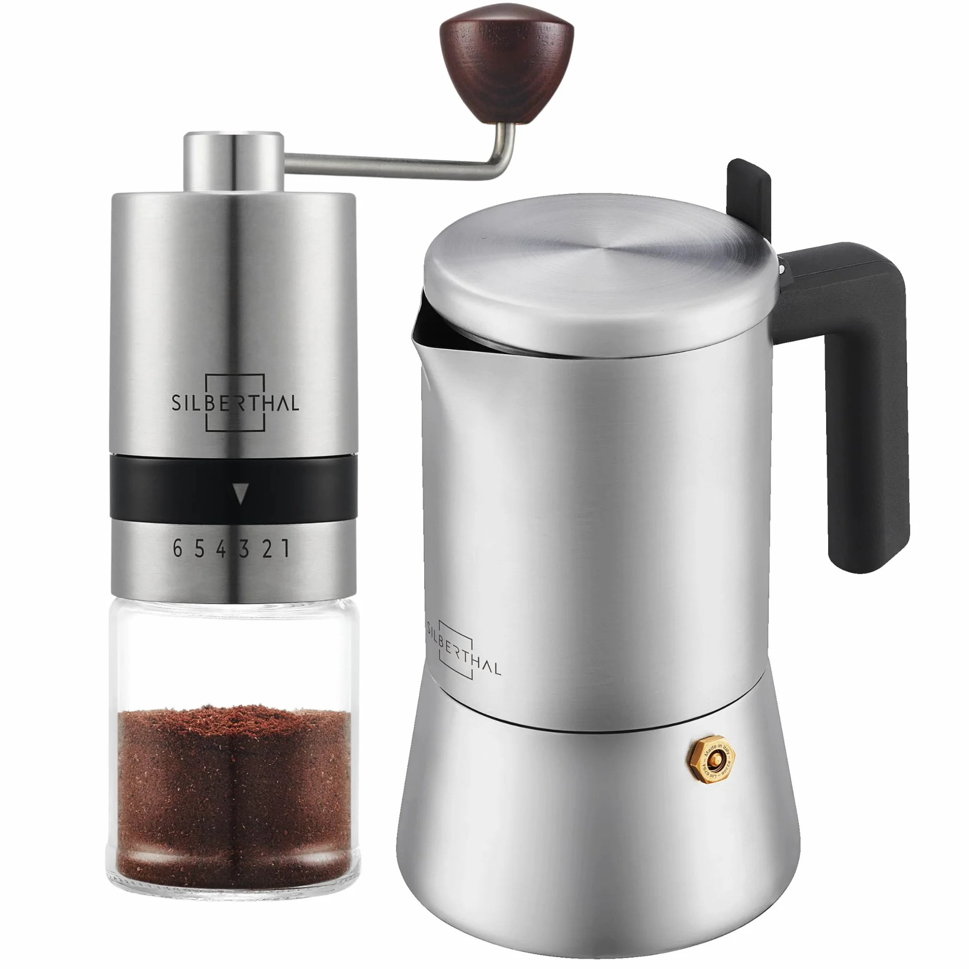 SILBERTHAL Set moka 300ml y molinillo café manual - Inducción y gas - Inox | Acero inoxidable - Disfruta del café en casa - Recién molido - Molienda ajustable - Frescura aromática y diseño