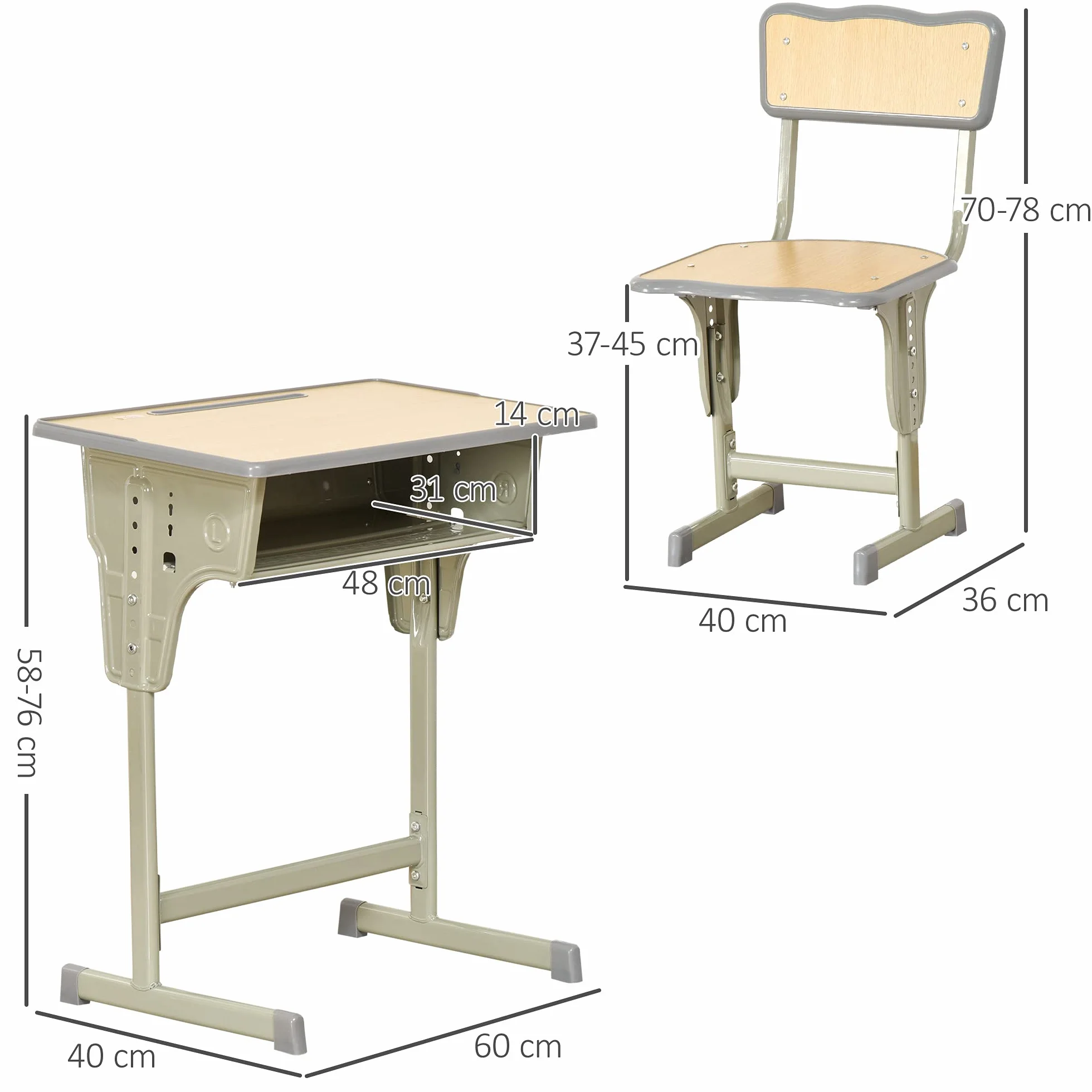 HOMCOM Juego de Escritorio y Silla para Niños +6 Años Altura Regulable con Gancho y Cajón Madera Natural