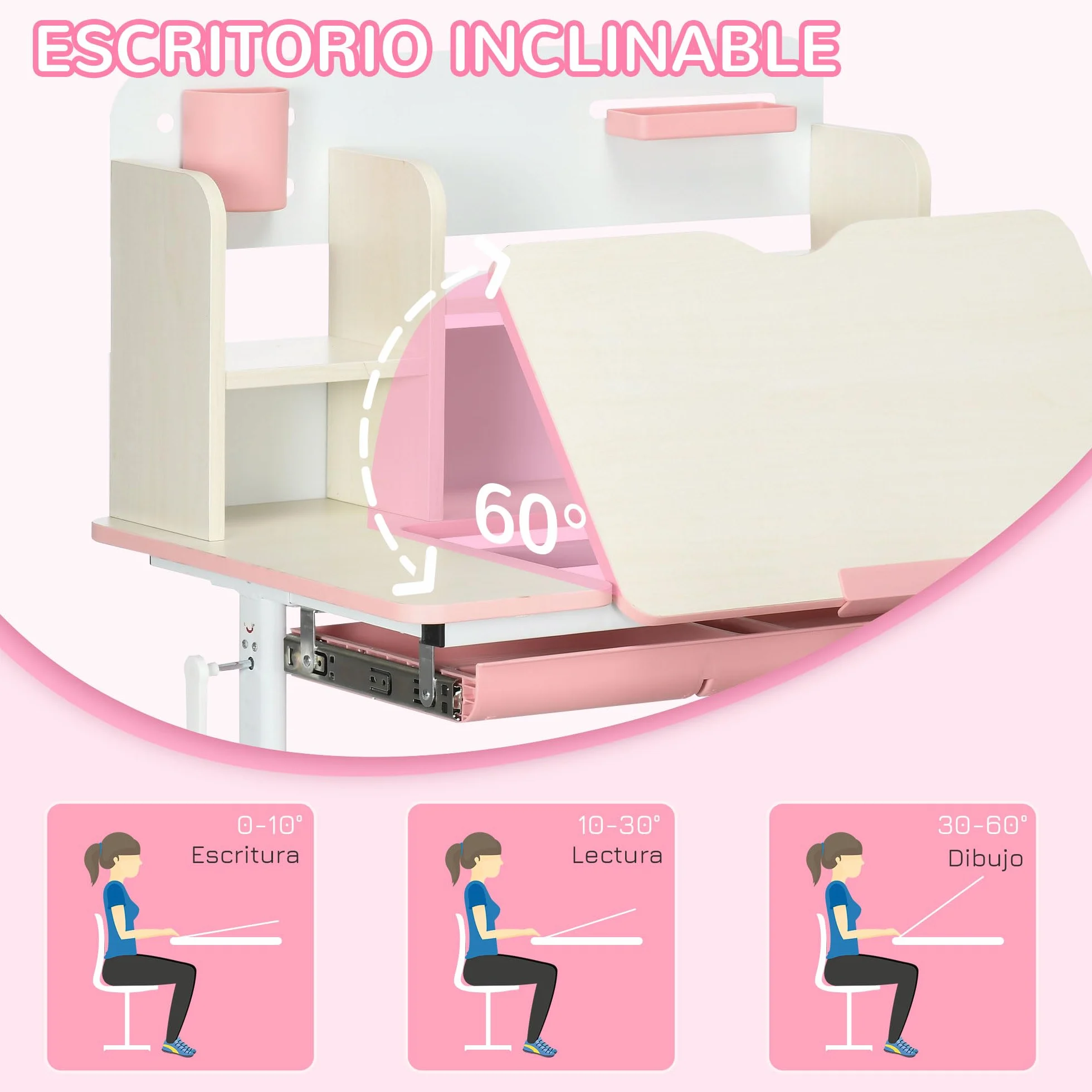 HOMCOM Pupitre Infantil Altura Ajustable con Cajón y Estante 80x52x88-109 cm Rosa y Blanco