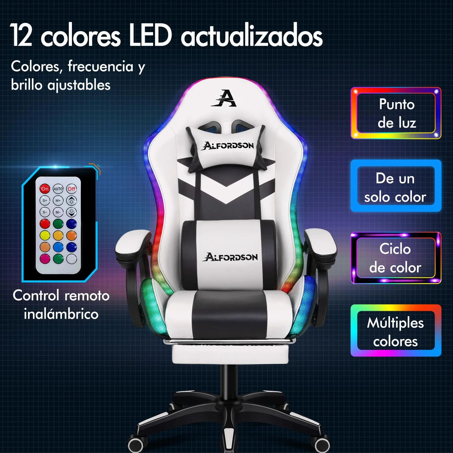 ALFORDSON Silla Gaming con Masaje y LED, Silla Gamer Ergonómica con Cojín Lumbar y Cervical, Reposapiés Telescópico, Iluminación para Ordenador, Videojuego, Juegos, Oficina, Cuero PU(Blanca)