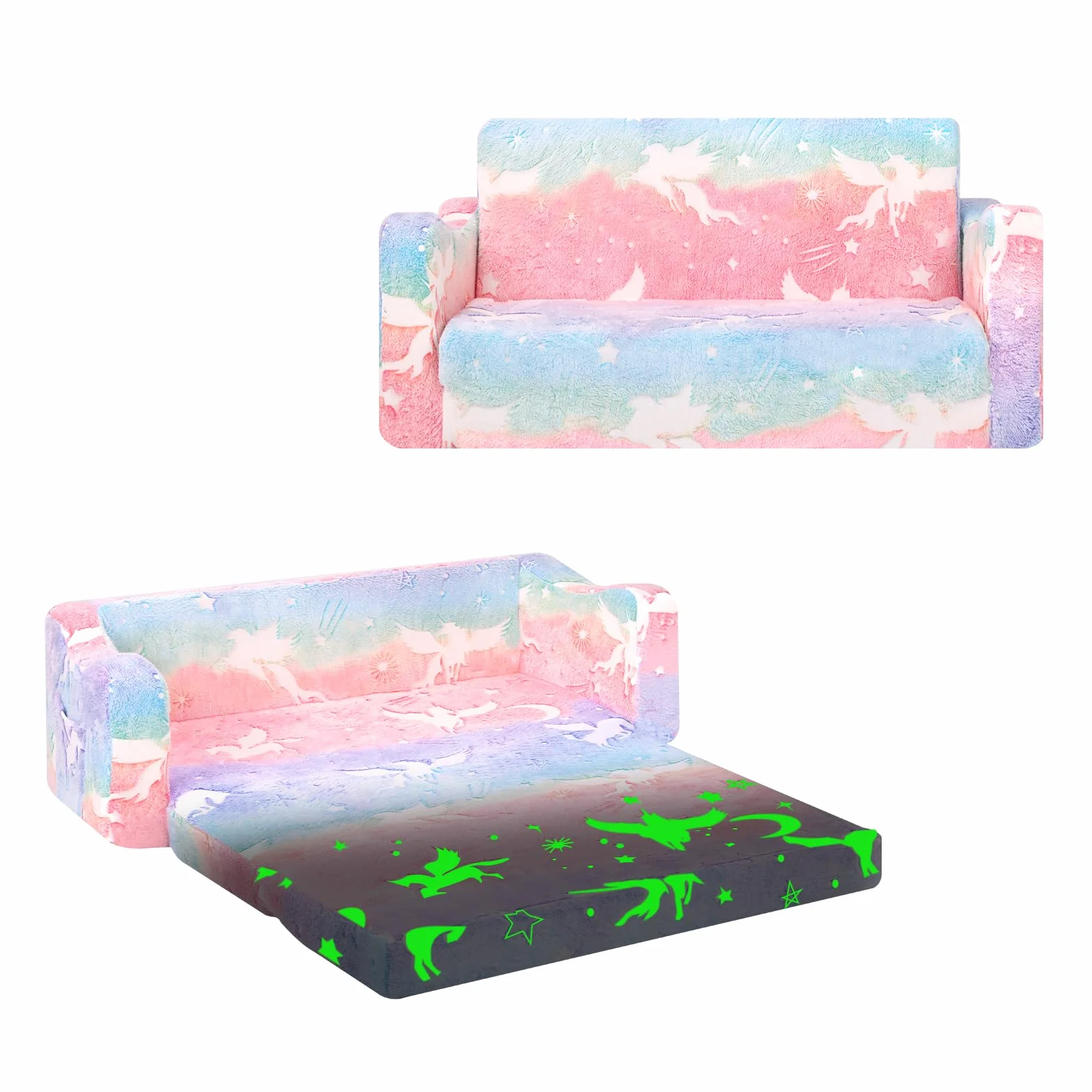 Convertible Sofa para Niños 2 en 1, Plegable Sofa Infantil Brilla en la Oscuridad para Niñas y Niños, Estable Silla Niño 2 Plazas para Dormitorio Sala de Juegos,Unicornios