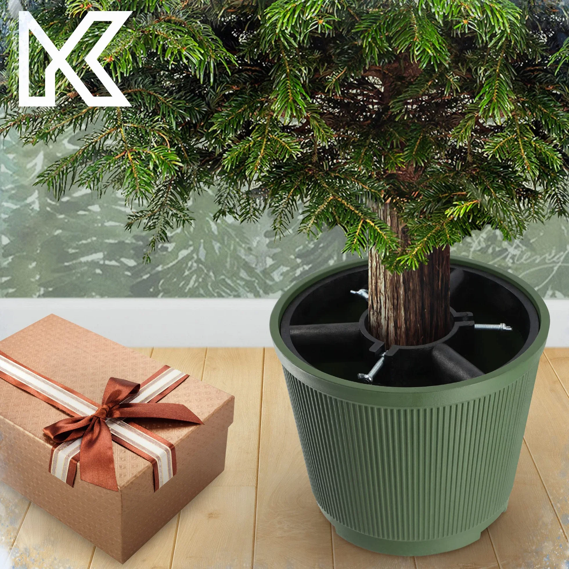 KADAX Soporte para árbol de Navidad, soporte de plástico para árbol de vacaciones, base resistente con depósito de agua para árbol de Navidad real, soporte decorativo para árbol de Navidad (verde, 10