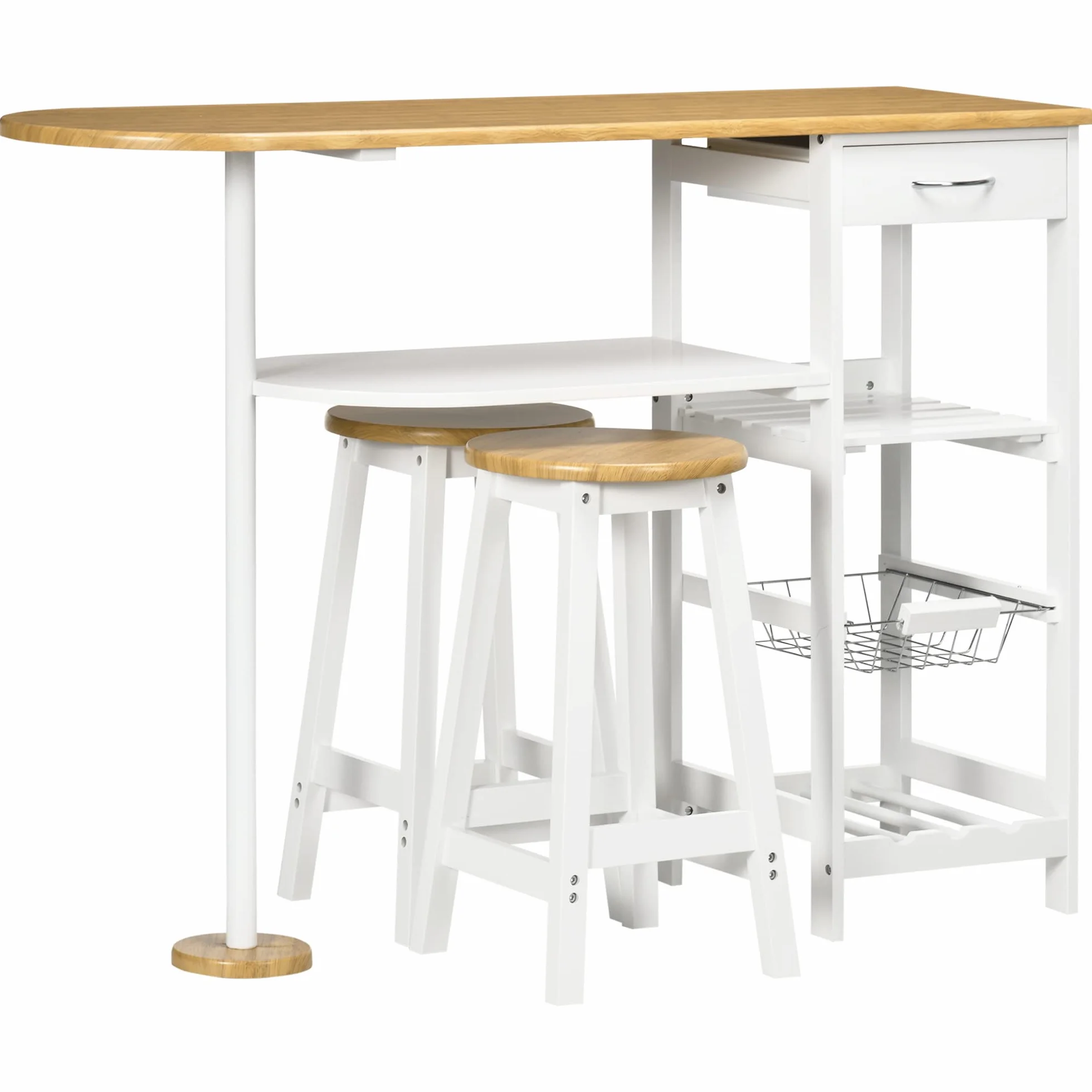 HOMCOM Set de Mesa de Bar con 1 Cajón 2 Estantes Cesta Extraíble y Botellero Juego de Muebles con Mesa Alta de 119x38,5x88,5 cm y 2 Taburetes de 29x29x55 cm para Comedor Cocina Blanco