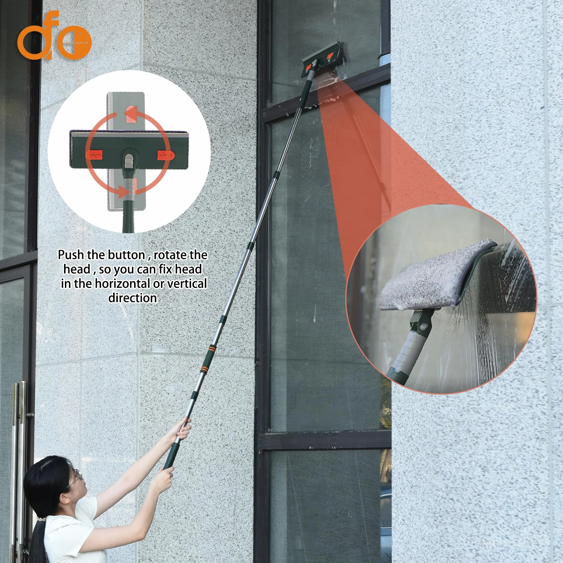 Limpiacristales 2 en 1 Kit de herramientas de limpieza de ventanas con poste telescópico, equipo de lavado de ventanas con cabezal flexible para ventanas interiores y exteriores y cristales de coche