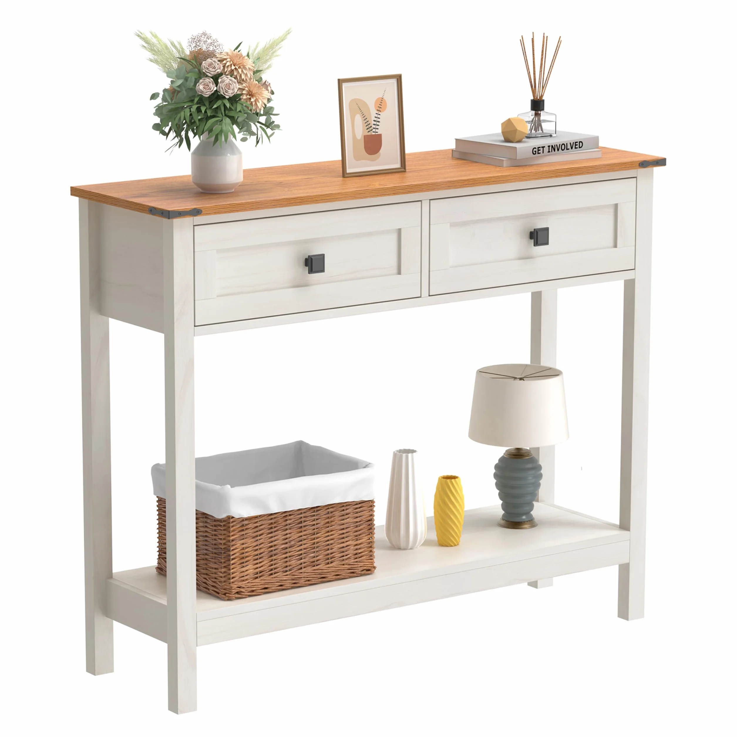 Trironsun mesa consola rústica con 2 cajones para pasillo, mesa de sofá rústica con estante abierto, pasillo de madera para dormitorio y sala de estar (blanco antiguo)
