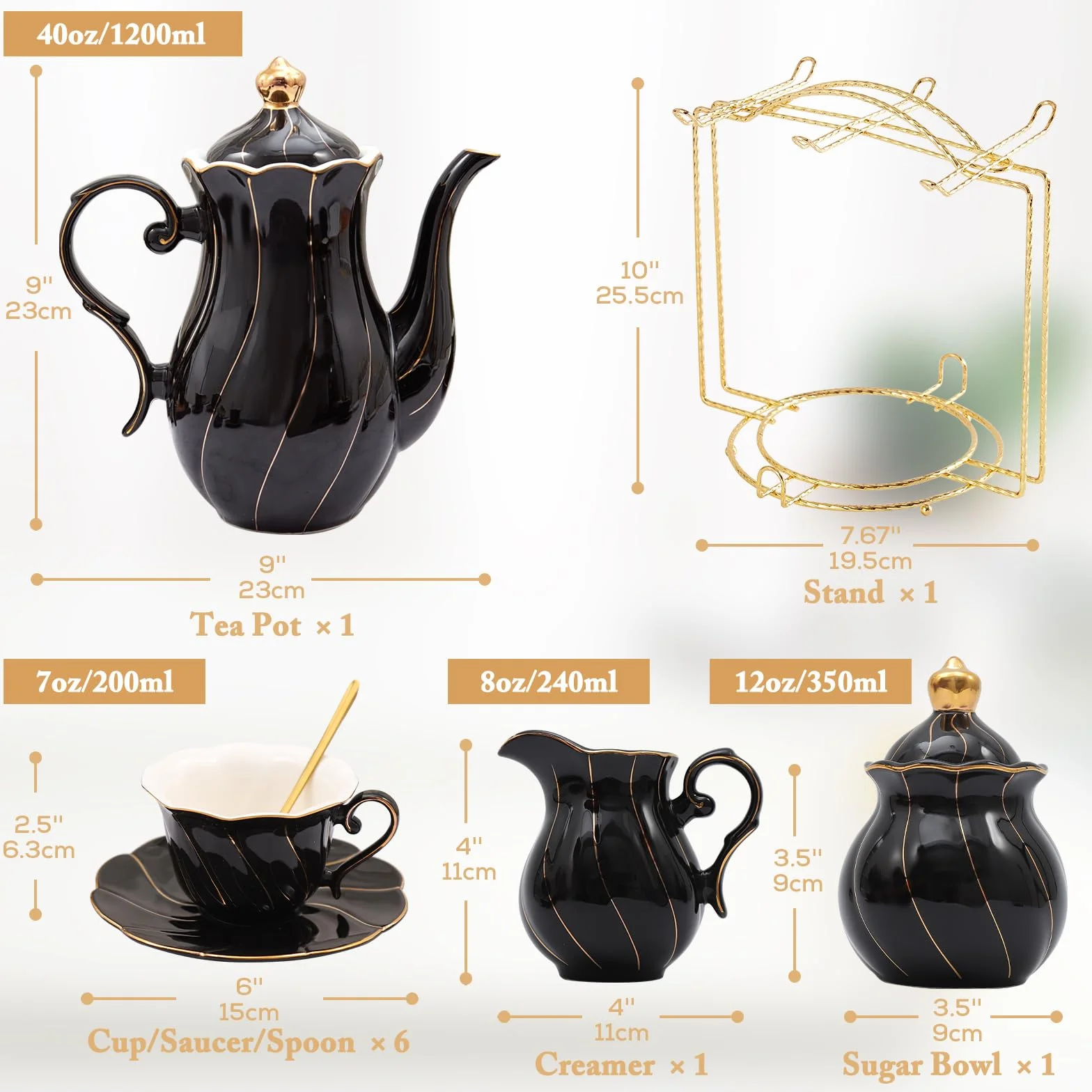 DUJUST Juego de té de porcelana de 22 piezas para 6, juego de tazas de té y café de estilo británico de lujo con borde dorado, hermoso juego de té para mujeres, juego de fiesta de té, paquete de