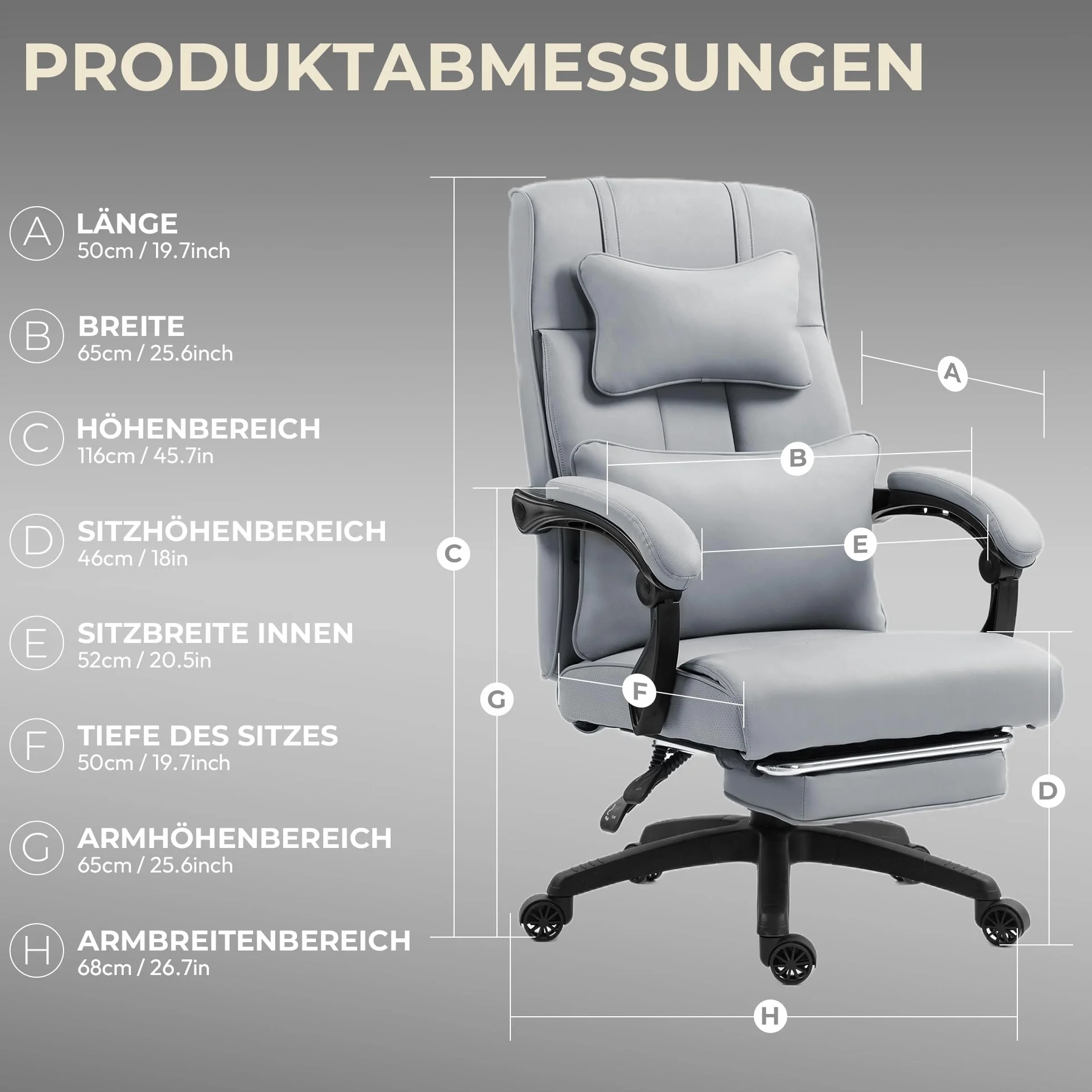 Dowinx Silla de oficina ergonómica con reposapiés, vértebras lumbares ajustables y reposacabezas, silla de oficina ergonómica, silla giratoria para ordenador con respaldo alto, 150 kg (gris)