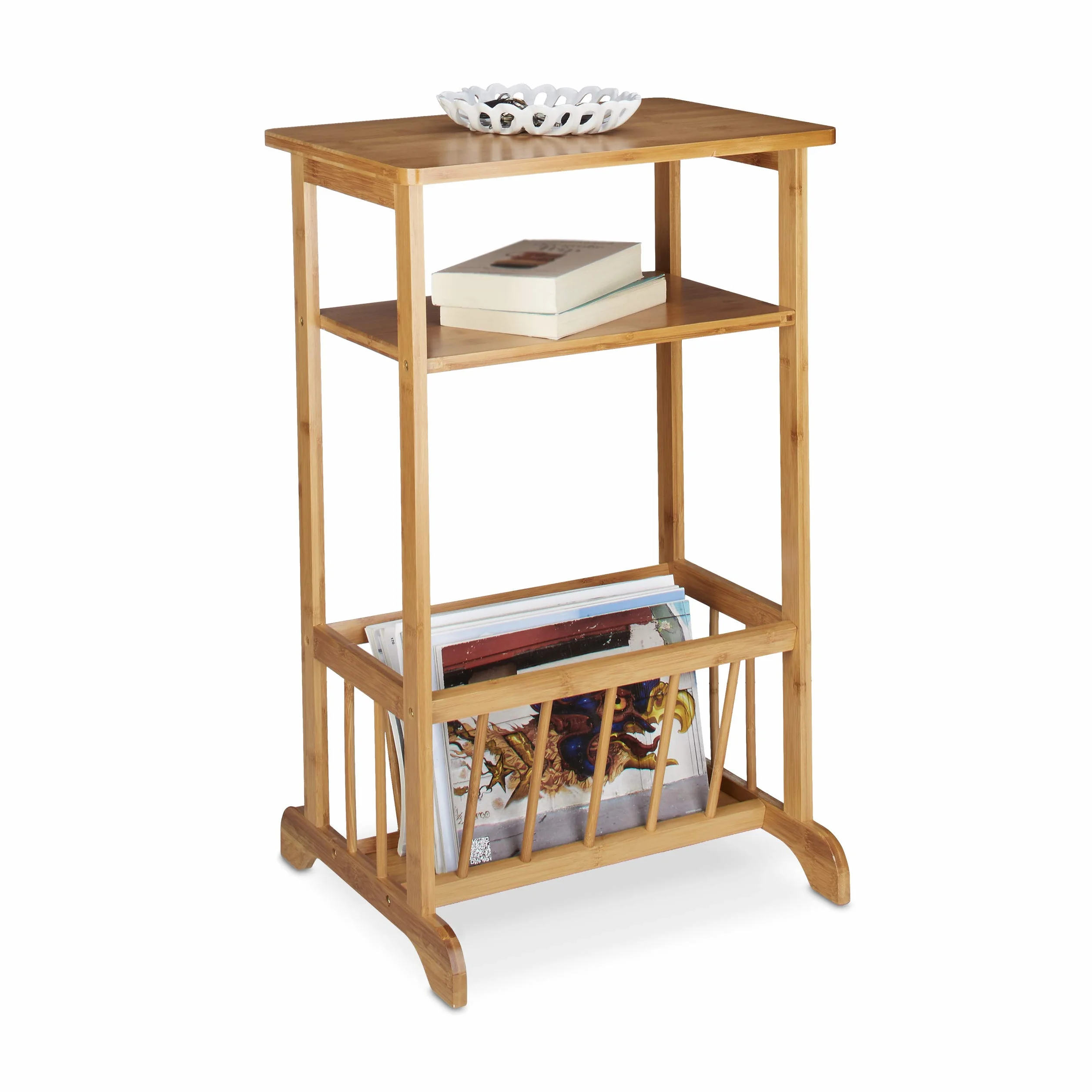 Relaxdays – Mesa Auxiliar con Cesta para periódicos, bambú, 71.5 x 44.5 x 37 cm, 2 estantes, marrón Natural