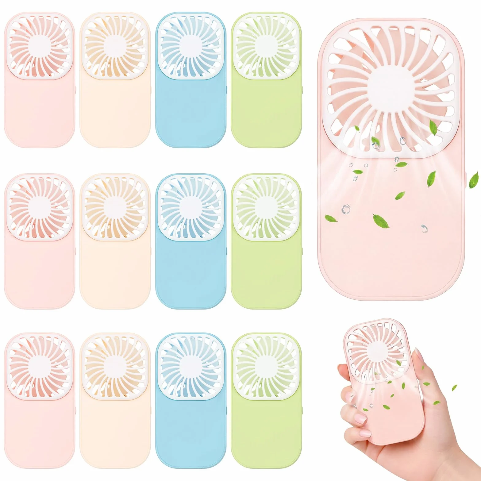 Lewtemi Paquete de 12 mini ventiladores portátiles a granel lindos de mano, ligeros, portátiles, pequeños y silenciosos, con cordón, funciona con pilas AAA, para viajes de verano, playa, interiores y