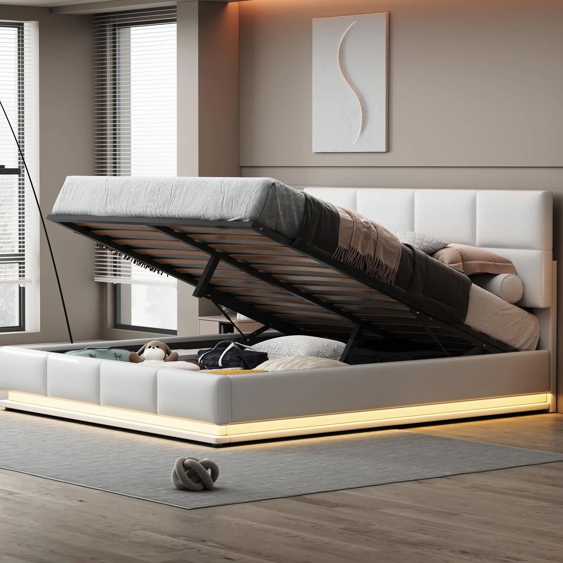 Merax Cama acolchada hidráulica de 180 x 200 cm, con espacio de almacenamiento, cama con iluminación LED, para jóvenes, adultos, piel sintética, color blanco (sin colchón)